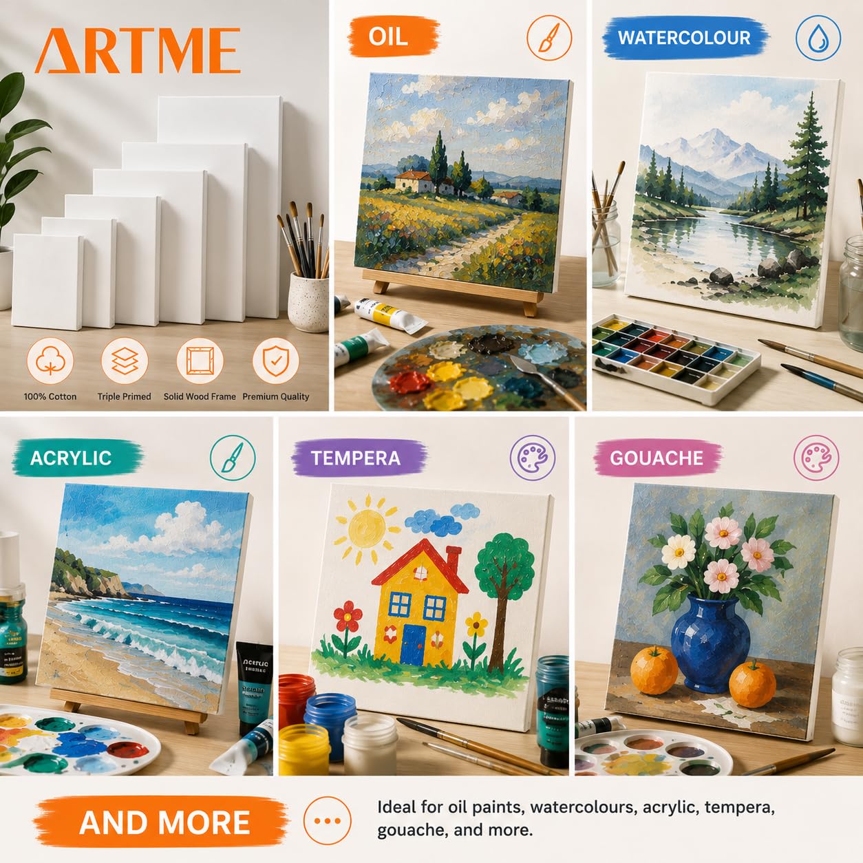 Artme Tela intelaiate 8 pezzi 280GSM 100% cotone bianco grana media per acrilico/olio