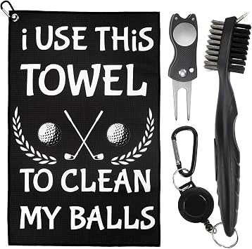 TRINKA Funny Golf Towel with Clip - Includes Club Brush & Divot Tool, Golf Gift for Men, Dad, Husband - I Use This Towel to Clean My Balls