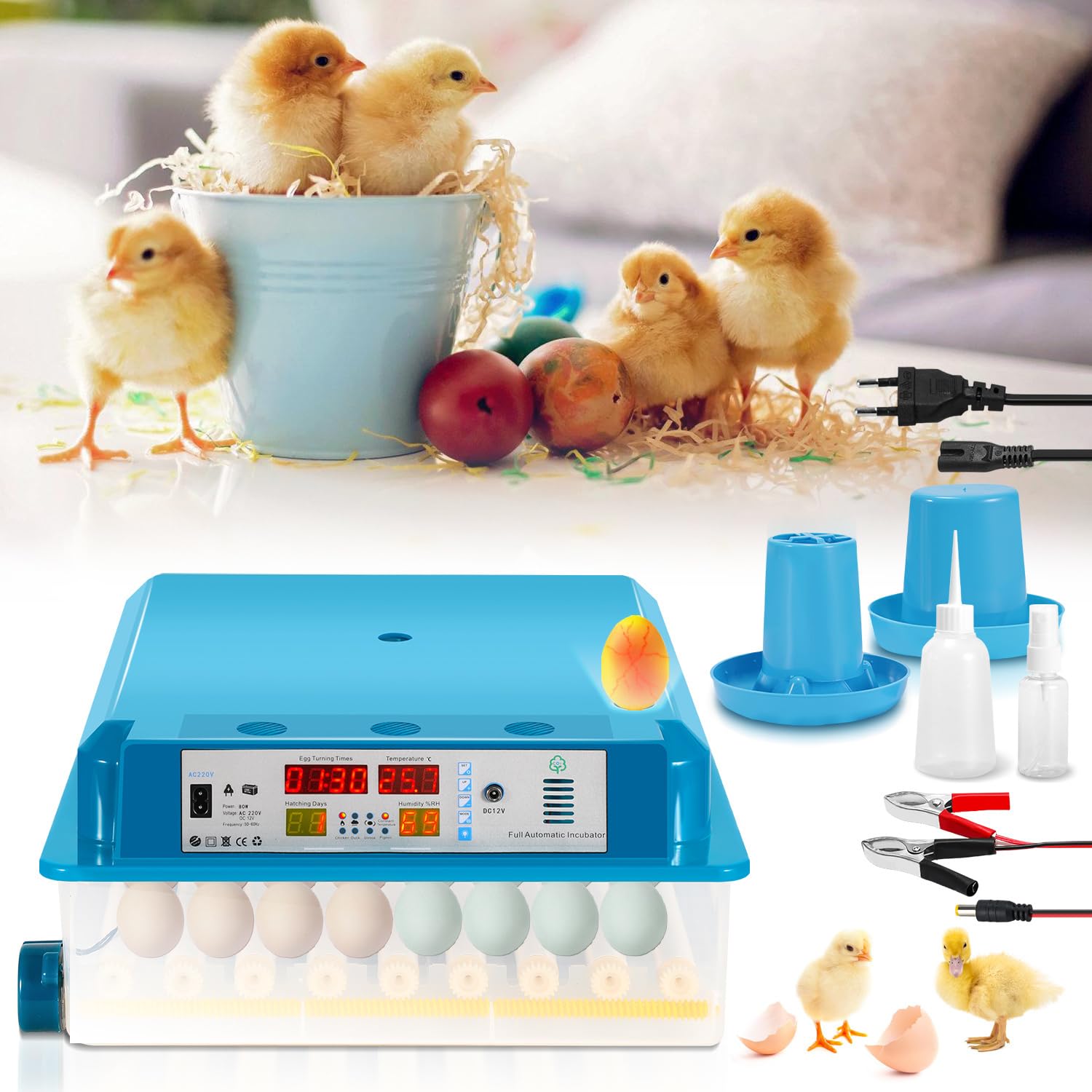 Incubadora totalmente automática, incubadora para 64 huevos de gallina con control de temperatura y humedad, sistema automático de giro de 90 minutos, transluminancia LED y funcionamiento con