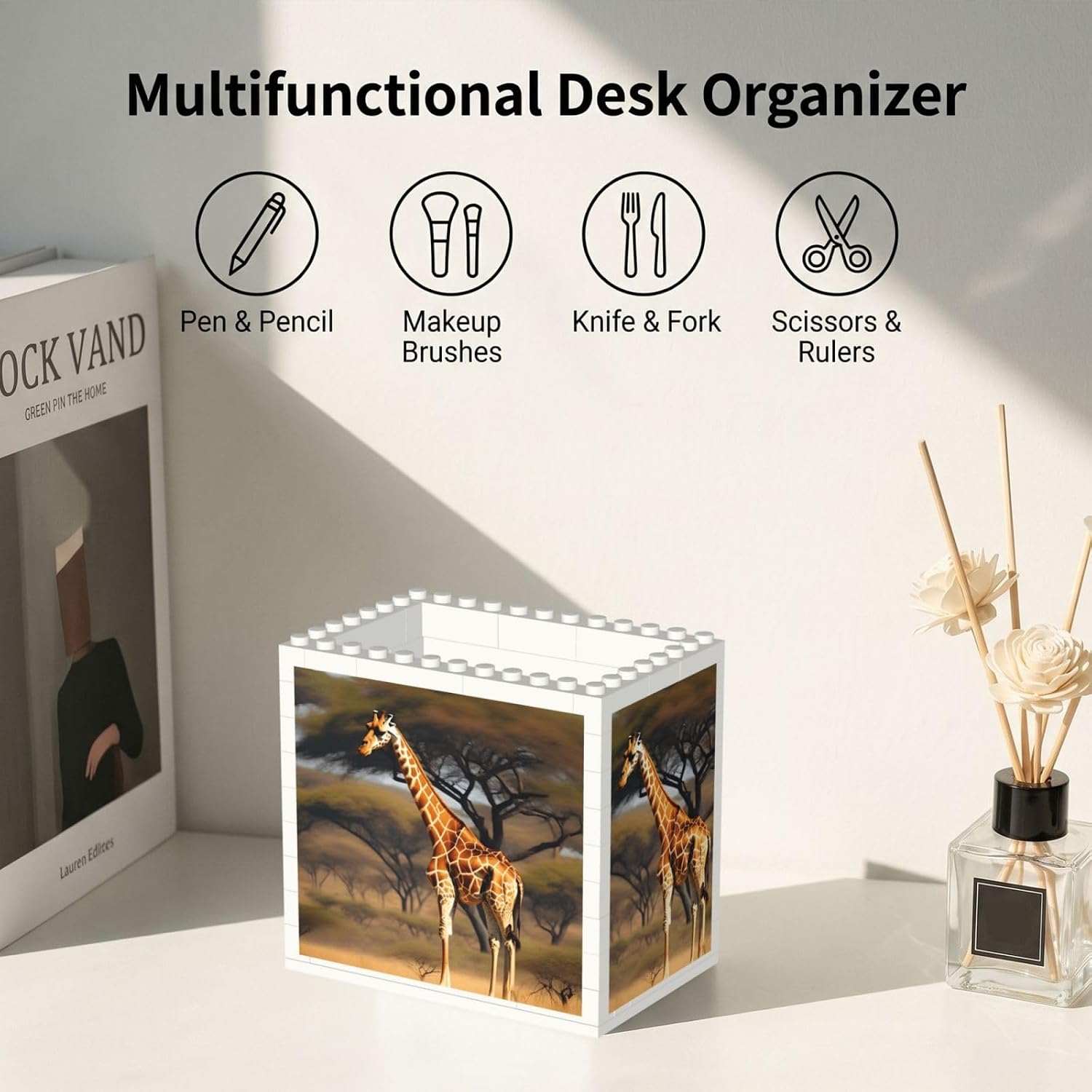 Africa Giraffe Majestic Tree Print Uv Print Block Pencil Cup, Detachable Creative Block Desk Organizer Office Abs Pen Holder image 5