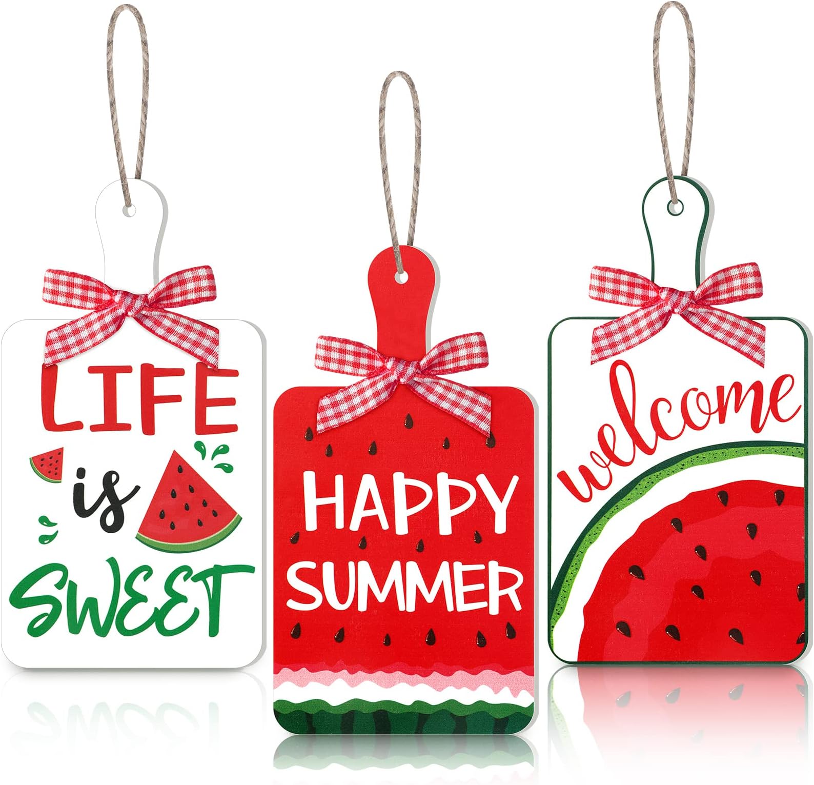 3 Pieces Watermelon Hanging Signs Door Wood Happy Summer Watermelon Welcome Plaque for Front Door Wreath Home Wall Decor with Hanging Rope