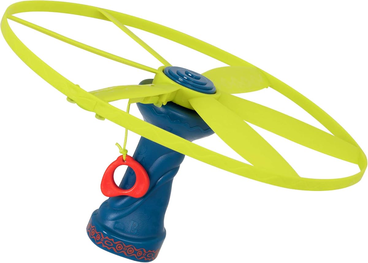 B. toys Disc-Oh Flyers Light-Up Flying Disc with String Launcher, Summer | 2-piece outdoor toy with light-up flying disc and ergonomic pull-string launcher handle for backyard or park play, 5+ Years