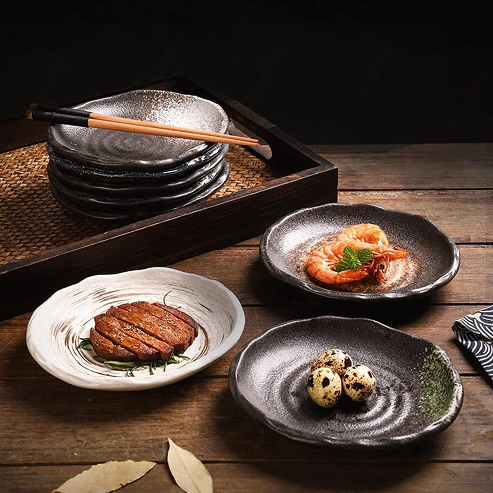 Keramik-Essteller-Set, 7 Zoll-unregelmäßige Form-Geschirr-Sushi-Snack-Teller, 4er-Set, Kratzfest, Geriffeltes Porzellan, Geeignet für Steak, Pasta, Pizza, Zuhause, Party, Restaurant,Green