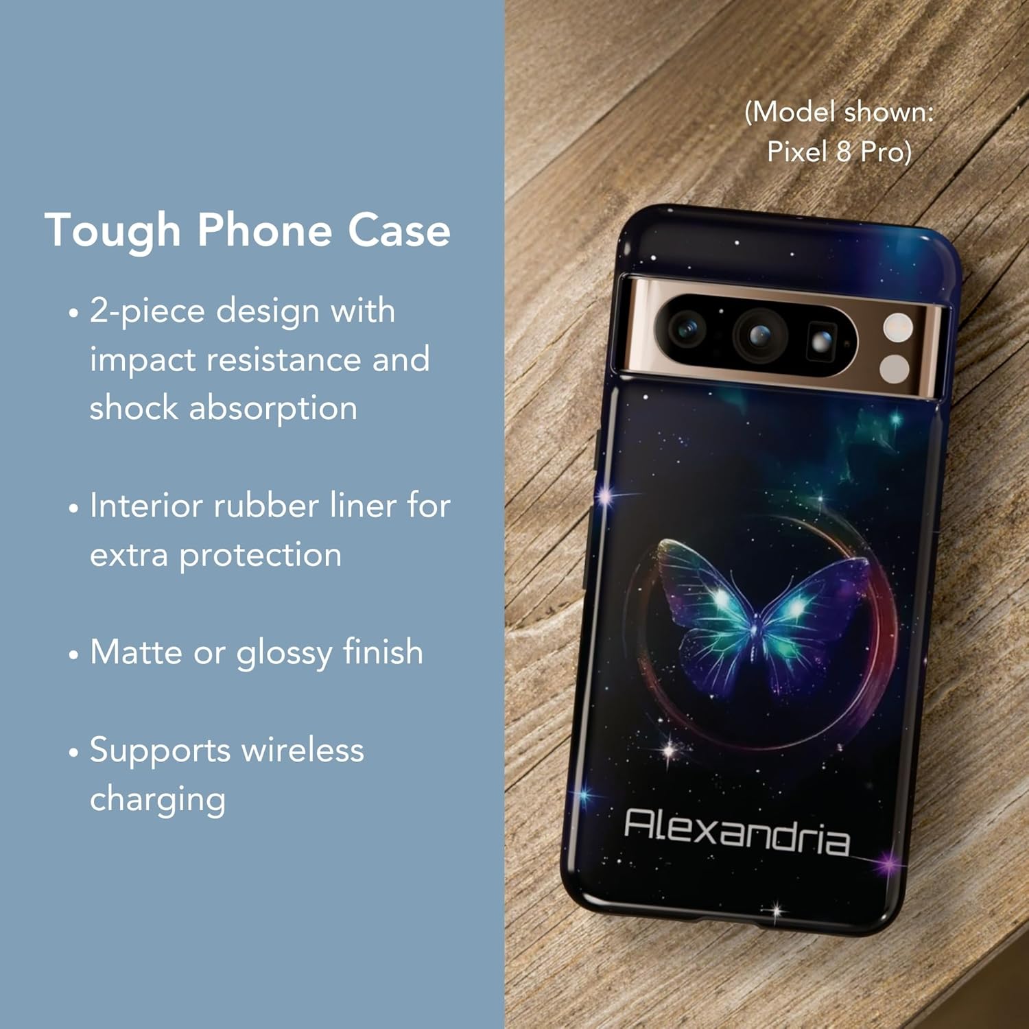 Celestial Butterfly Tough Case for Select Google Pixel Models | Personalized Holographic Aesthetic with Custom Text (Glossy, for Google Pixel 8)