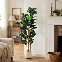 OUTLANE 6 ft Faux Fiddle Leaf Fig Tree with White Pot, 74 Leaves Large Artificial Tree for Home Office Store Decor, Fake Floor Plant for Indoor Outdoor, Lifelike Faux Greenery for Living Room Gift