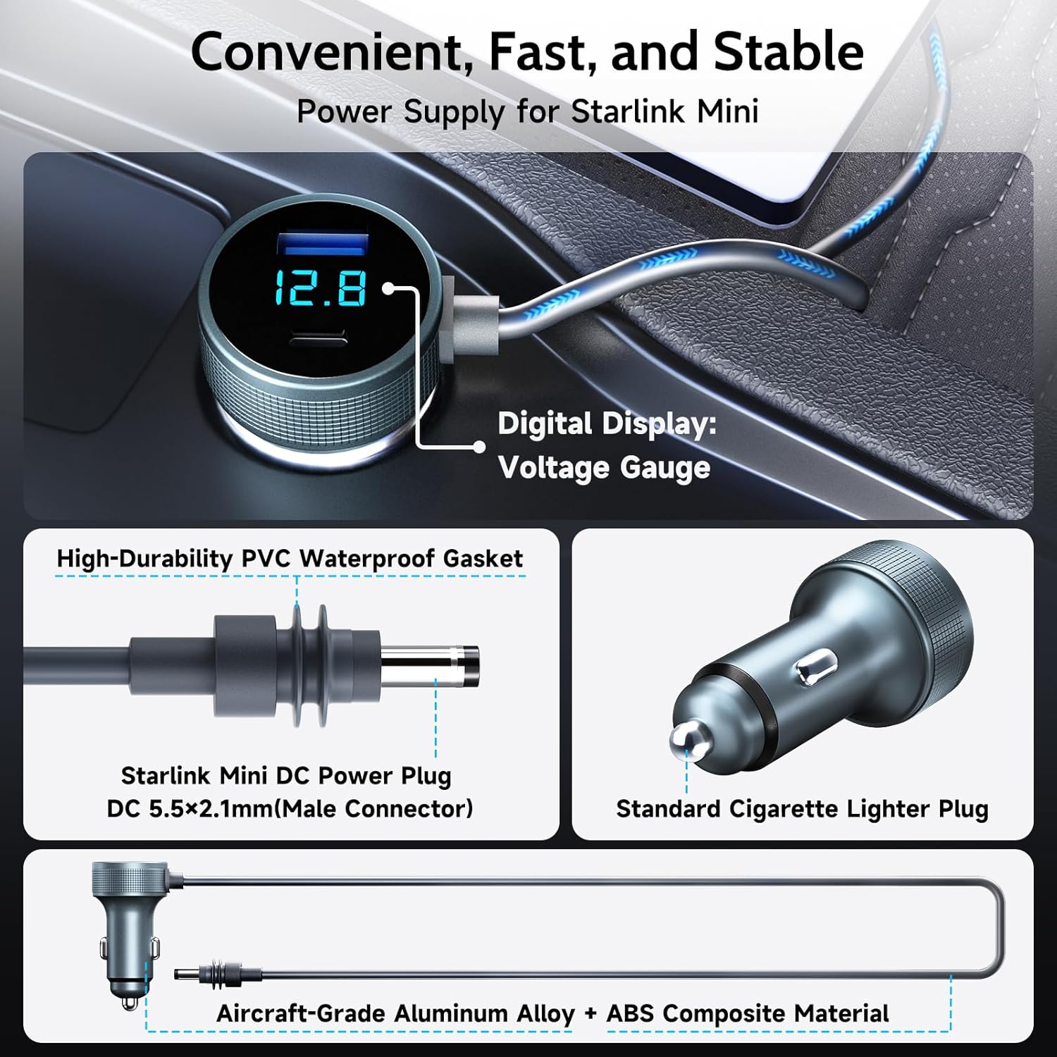 Starlink Mini Car Adapter, 3-in-1 Starlink Mini Cable+ Cigarette Lighter Adapter 12V-48V with Digital Display, USB C PD 40W & USB A 35W Ports for Trucks, Cars, RVs (10FT)+Extension Cable