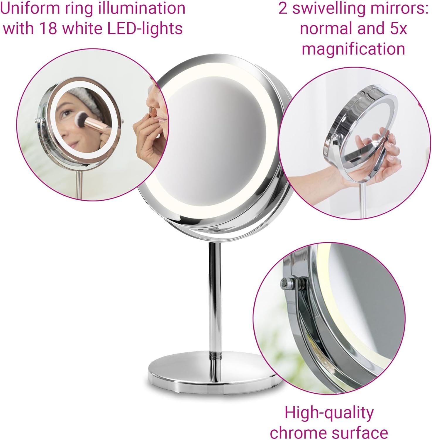 Medisana CM 840 Round Cosmetic Mirror - Table Mirror with Led Lighting and 5X Magnification - Make-Up Mirror with 360° Swivel Function