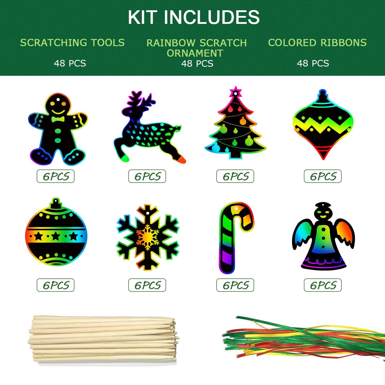 ORIENTAL CHERRY Christmas Scratch Crafts Arts, 48 DIY Rainbow Scratch Art Bulk Cards, Rainbow Scratch Paper Supplies Toys for 3-12Years Old Kids Favord Gift for Christmas Party Games Projects Kits