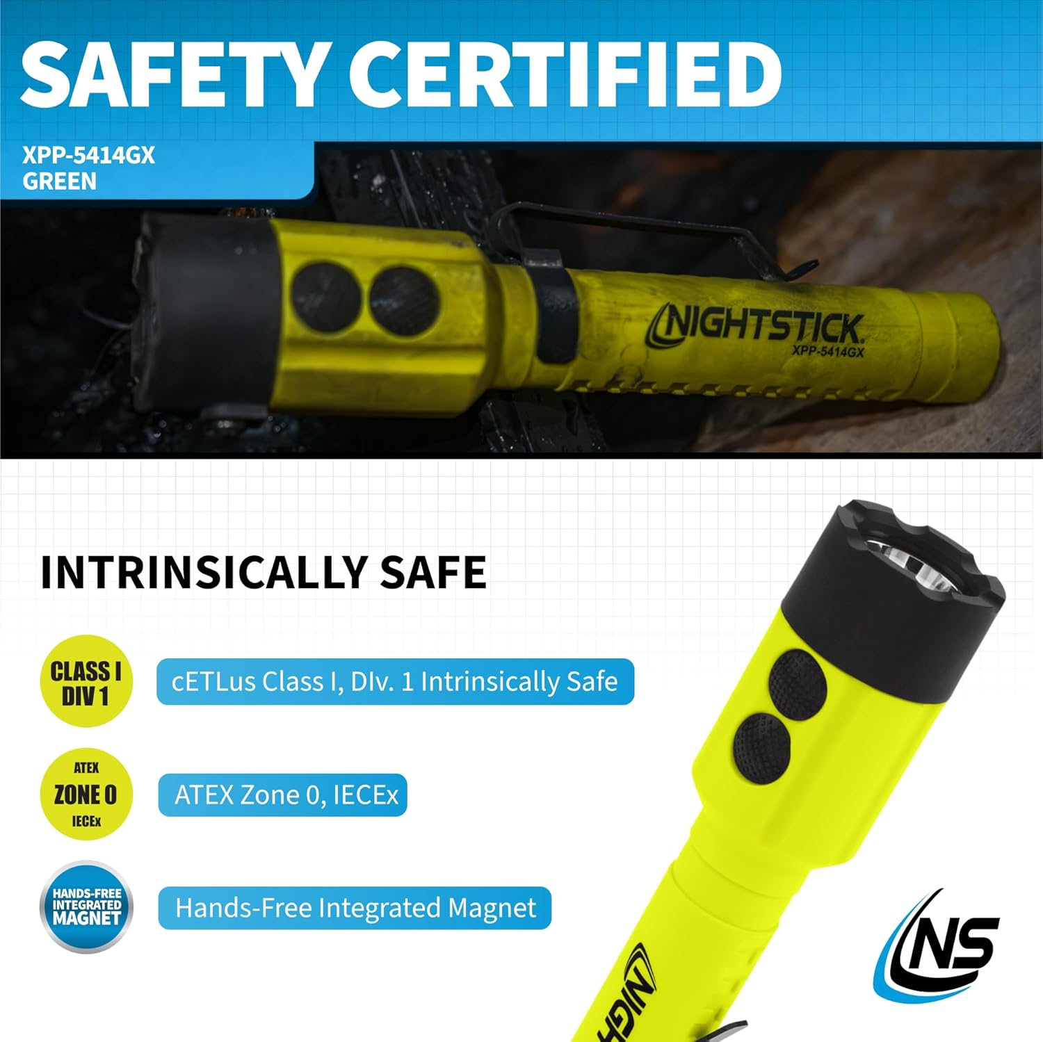 Nightstick XPP-5414GX Intrinsically Safe Dual-Light Flashlight w/Magnet-2 AA (not Included) -Green-UL913 / ATEX, Multicolor