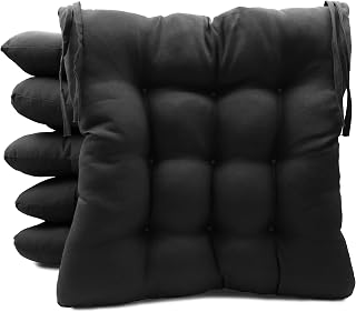 Pack de 6 Cojines para Sillas de Exterior e Interior Reversibles 40 x 40 x 7 cm, con Correas de Sujeción (Negro)