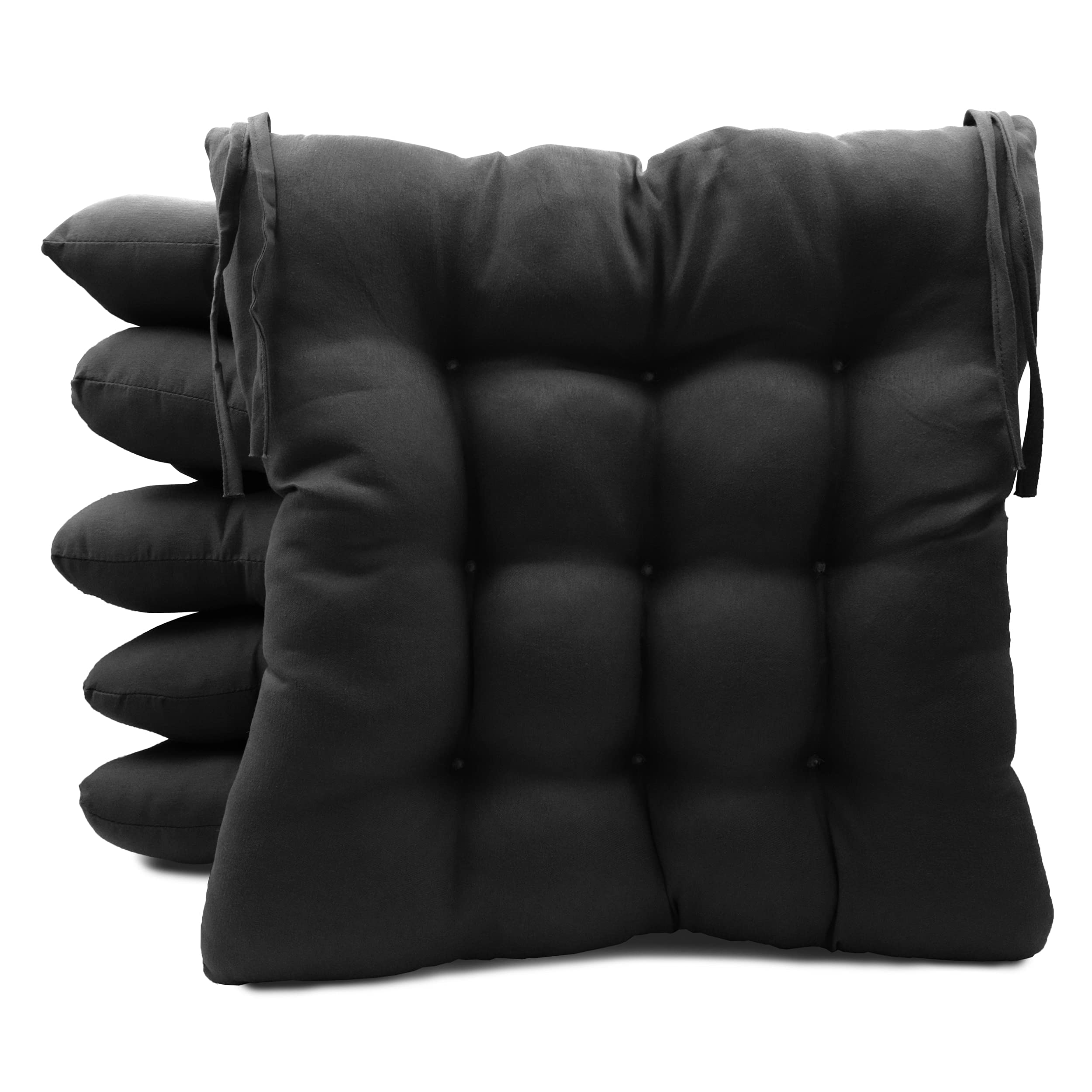 Meishida Pack de 6 Cojines para Sillas de Exterior e Interior Reversibles 40 x 40 x 7 cm, con Correas de Sujeción (Negro)