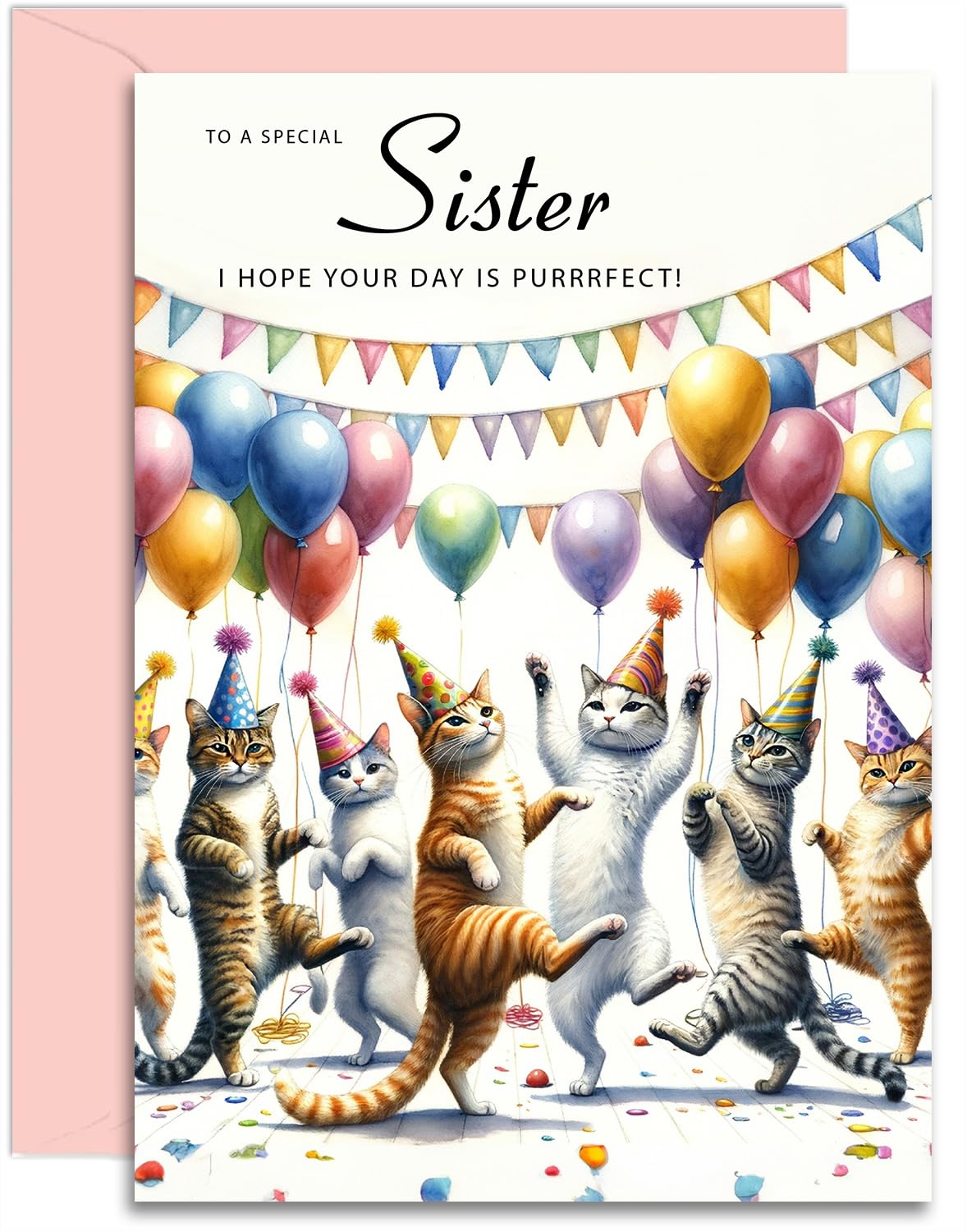 Sister Birthday Card - Dancing Cats Design - Happy Birthday Card for Her. A5 with Pink Envelope - Designed and Printed in the UK
