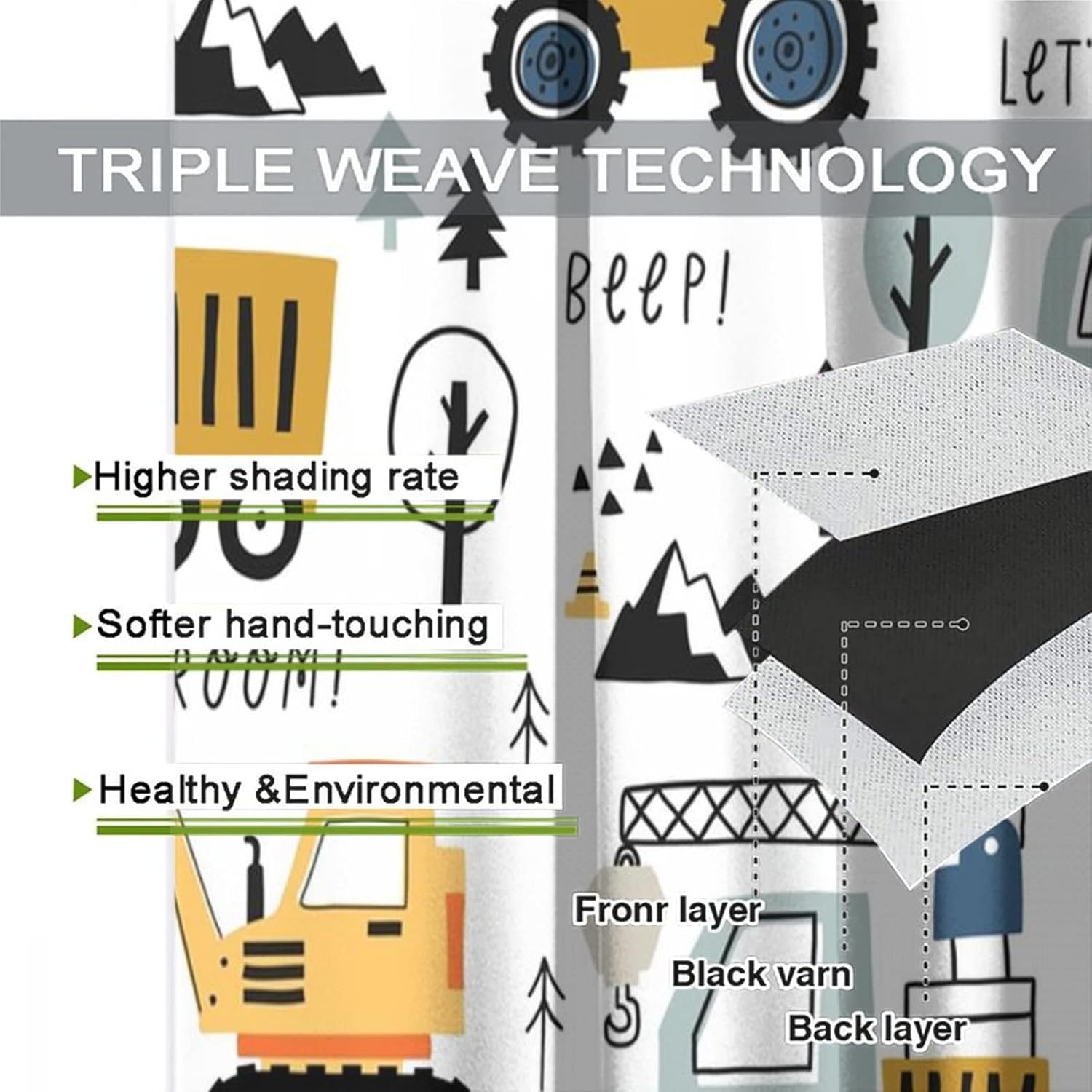 Construction Truck Curtains for Bedroom - Boys Kids Hand Painting Cartoon Excavator Window Drapes,Energy Saving Blackout Grommet Curtains 2 Panels 63L x 21W