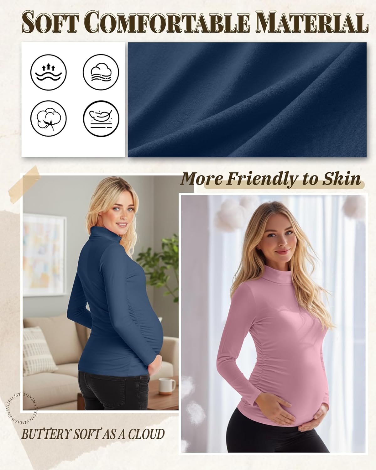 4 Pack Women's Maternity Shirts, Turtleneck Long Sleeve Pregnancy Tee Tops Side Ruched Mock Neck Maternity Clothes(Black, Gray Green, Light Pink, Haze Blue,Large) - Image 3