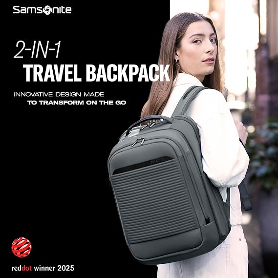 Samsonite Paralux 2-in-1 Travel Backpack, Converts into Main Bag + Go Bag, Lay-Flat Packing, StackItTM Strap, Laptop Sleeve & Integrated AirTagTM Holder - Business & Adventure Travel Bag - Stone Grey