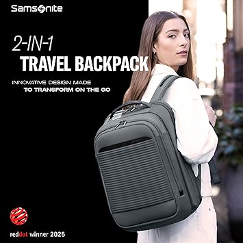 Samsonite Paralux 2-in-1 Travel Backpack, Converts into Main Bag + Go Bag, Lay-Flat Packing, StackItTM Strap, Laptop Sleeve & Integrated AirTagTM Holder - Business & Adventure Travel Bag - Stone Grey