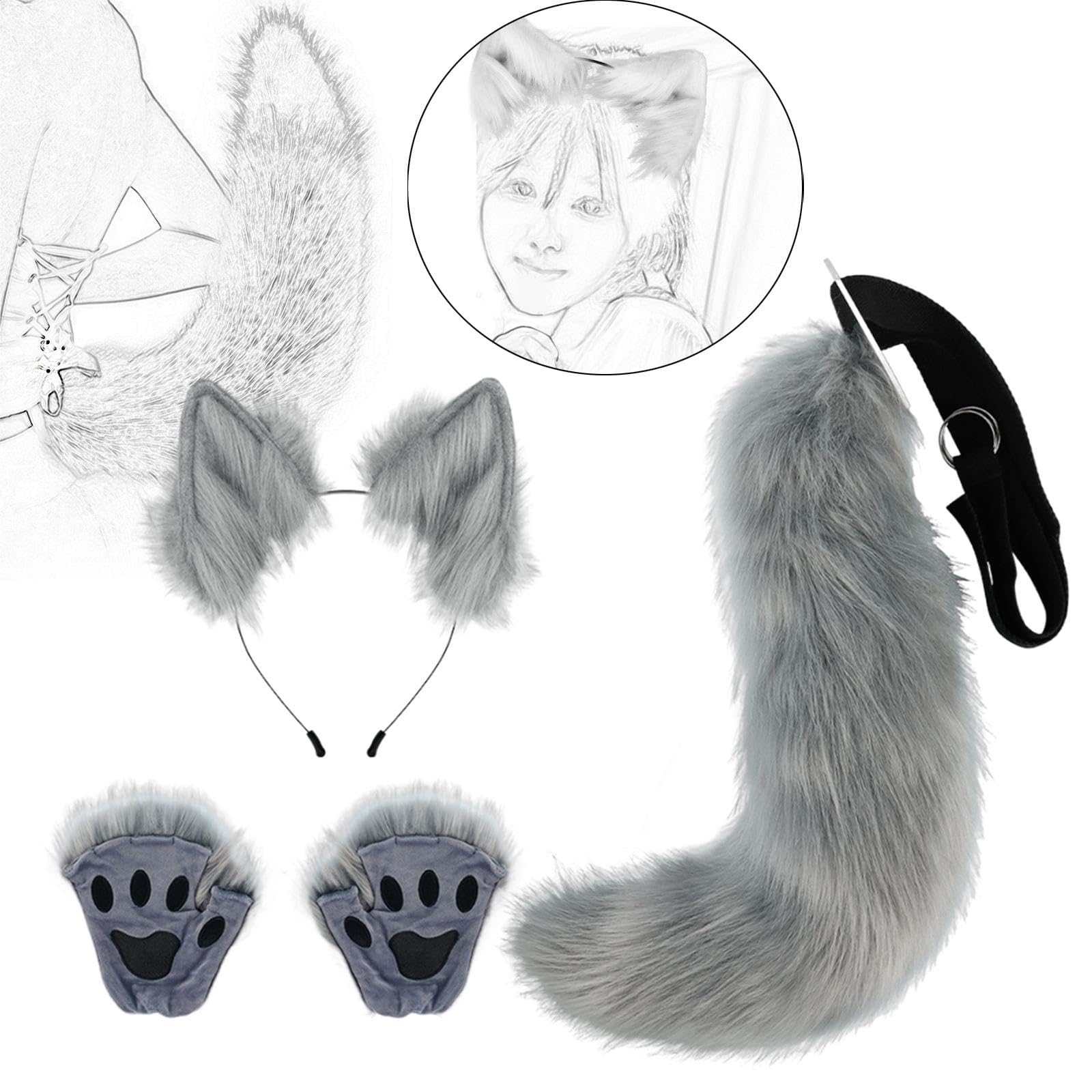 Ensemble Oreilles et Queue d'animal, Coiffe, Oreilles en Peluche, Bandeau pour Les Fêtes et Les Anniversaires, Gris