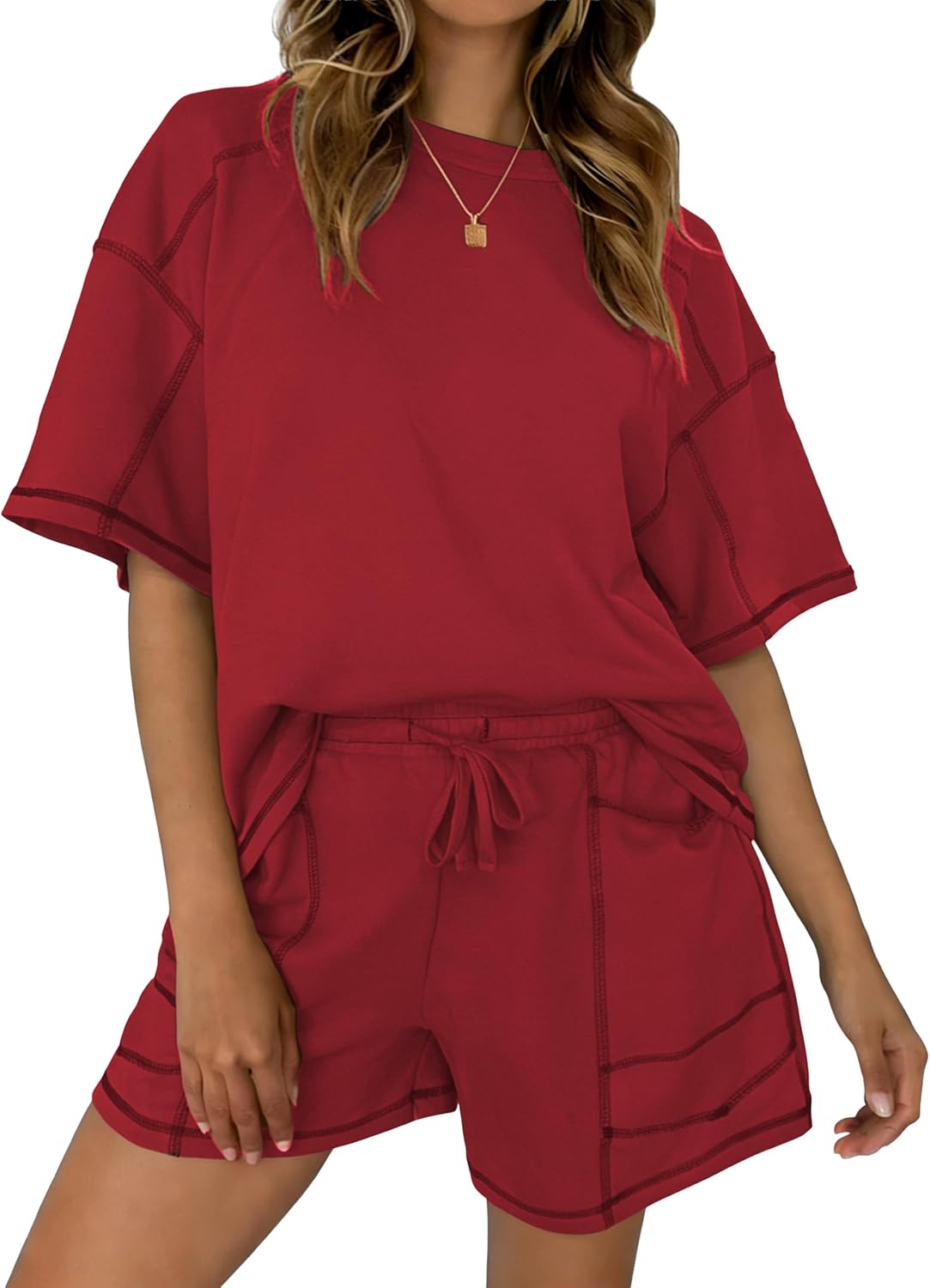 LTSCNRM Women's Cotton 2-Piece Outfit Oversized Pocket T-Shirt High-Waist Shorts Loungewear Home Coffee Vacation