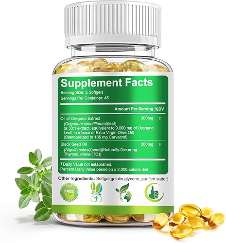 Miniatura 5 de Aceite de orégano con aceite de semilla negra, 9000 mg por porción, 90 cápsulas blandas, suplemento de orégano 2 en 1 para la salud inmunológica con