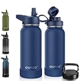 CIVAGO 32 oz Insulated Water Bottle With Straw, Stainless Steel Sports Water Cup Flask with 3 Lids (Straw, Spout and Handle Lid), Wide Mouth Travel Thermal Mug, Navy Blue