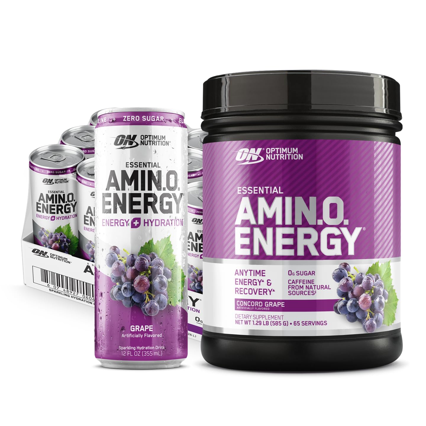 Optimum Nutrition Amino Energy Powder: Concord Grape (65 Servings) with Essential Amino Energy Plus Electrolyes Sparkling Drink: Grape (12 Cans) - Bundle Pack
