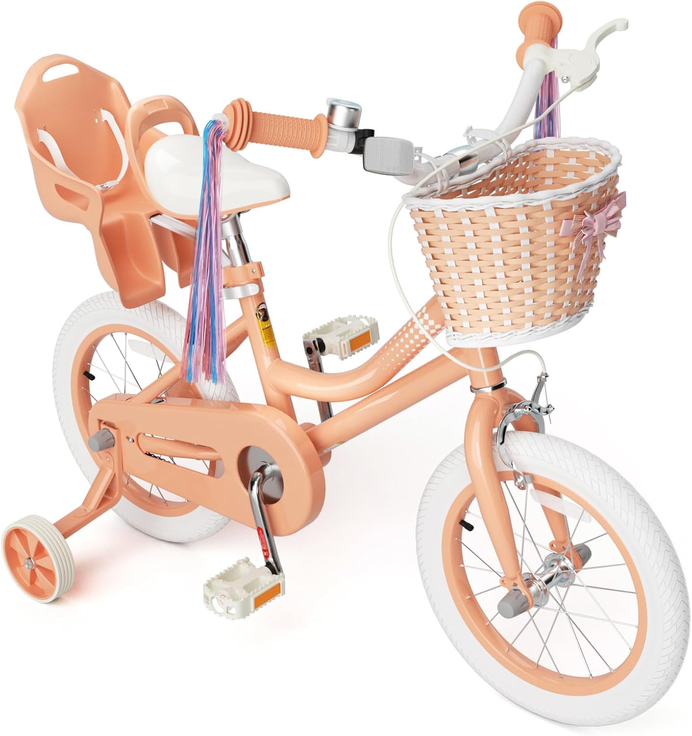 KORIMEFA Girls Bikes Ages 2-4 3-5 5-7 with Training Wheels 12 14 16 Inch, Little Small Kids Toddler Bicycle with Streamers, Basket and Doll Seat, Coaster Brake, Birthday Gift