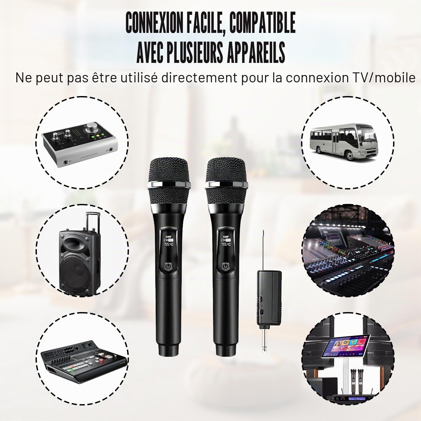Microphone Sans Fil, Double Microphone Karaoké, Double Portable Micros Dynamiques Avec Récepteur, Microphones A Main Sans Fil Rechargeable Pour Églises, Mariages, Karaoké, Chants, Fêtes, Soirées, Dj