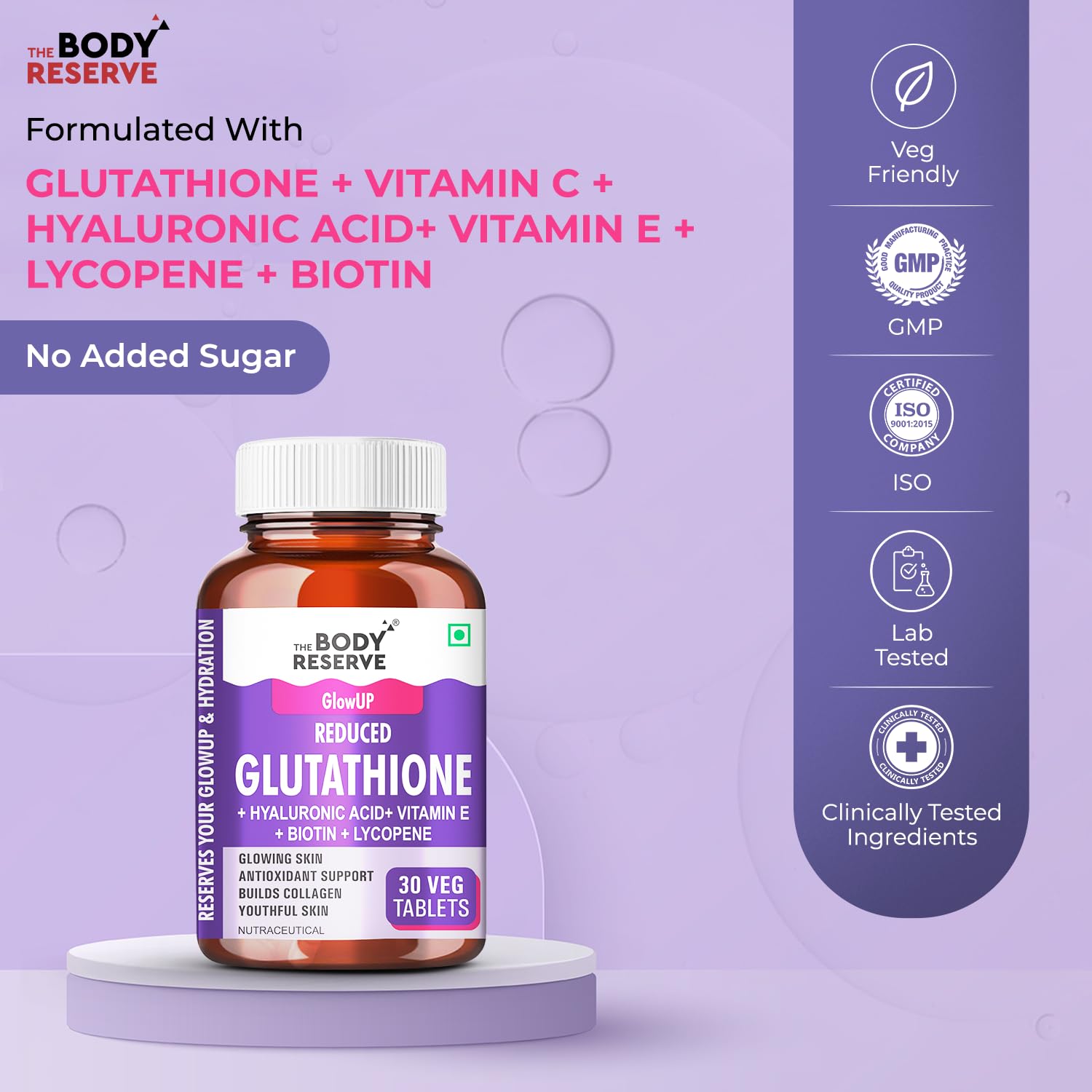 The Body Reserve Japanese L-Glutathione Tablets for Skin Whitening | 500mg Glutathione Supplements with Hyaluronic Acid, Vitamin E, Lycopene & Biotin | Skin Glow & Collagen Support | Sugar-Free, 30 Tablets