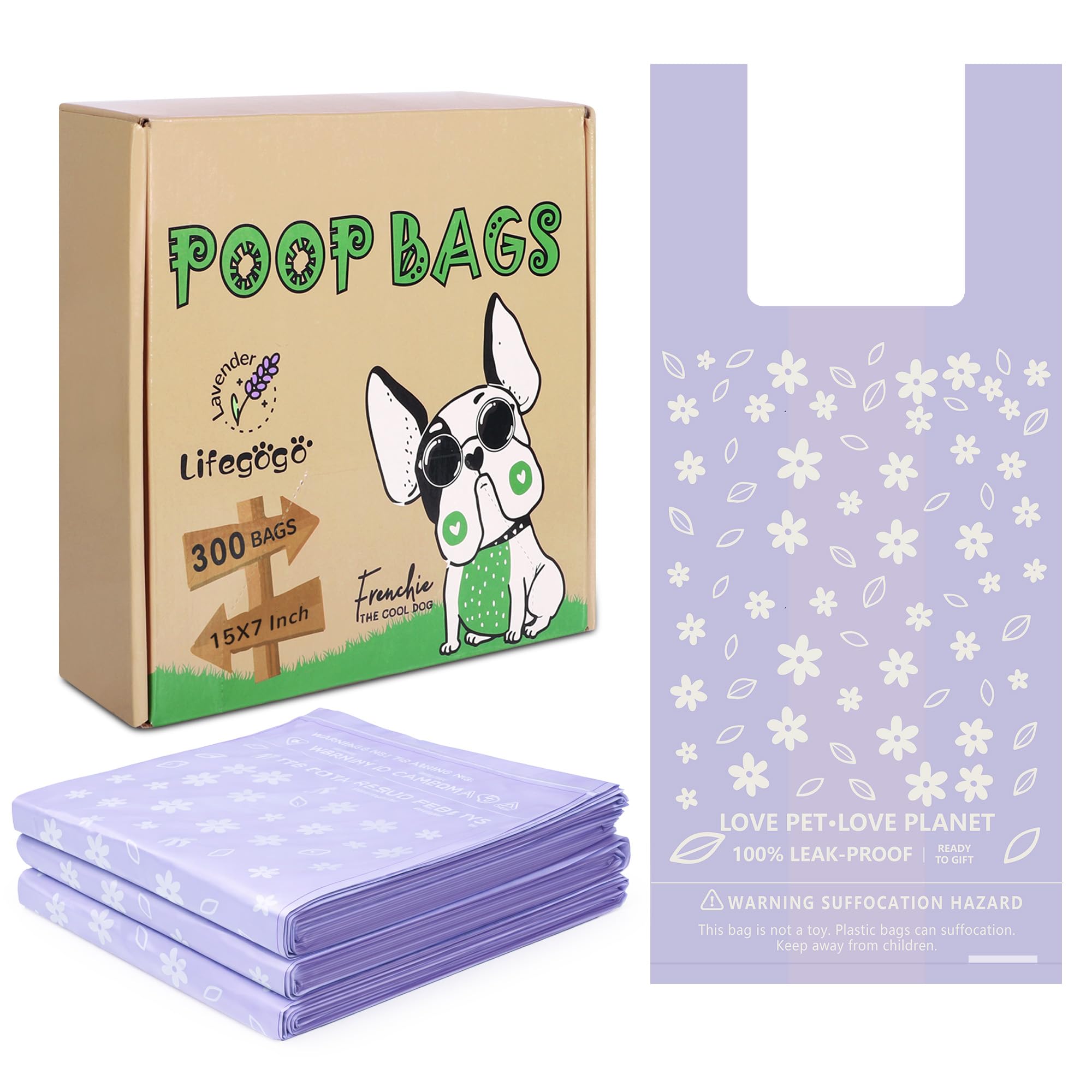 Dog Poo Bags with Handles: 300 Counts Leak-Proof and Extra Thick Dog Waste Bags Lavender Scented Plastic Poop Bag for for Medium Large Dogs Cats