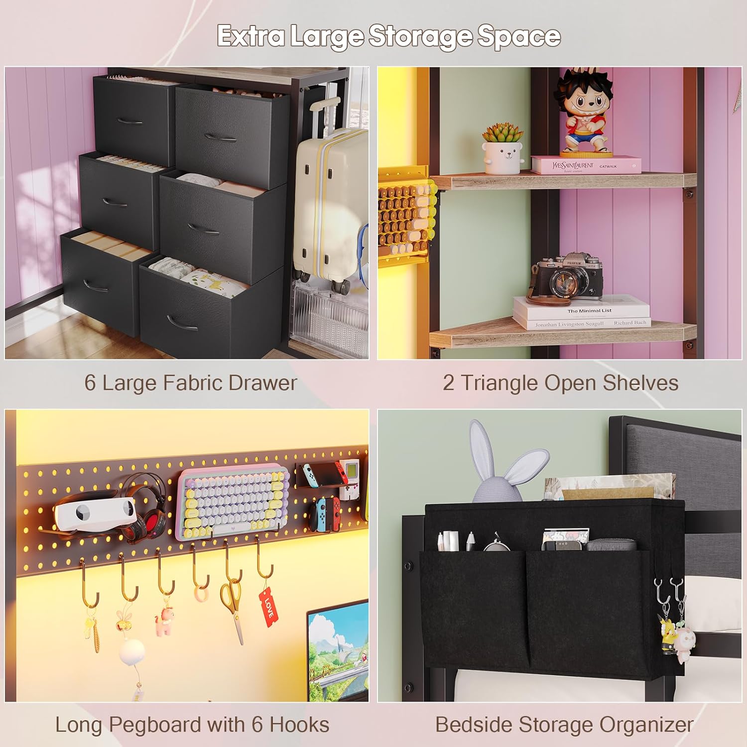 Loft Bed Full with Desk and 6 Storage Drawers, Loft Bed Full Size with 2 Bedside Organizer,6 Movable Hooks,LED Lights and Charging Station,Bunk Bed with Desk, Clothes Rail,Safety Guard,Oak Gray