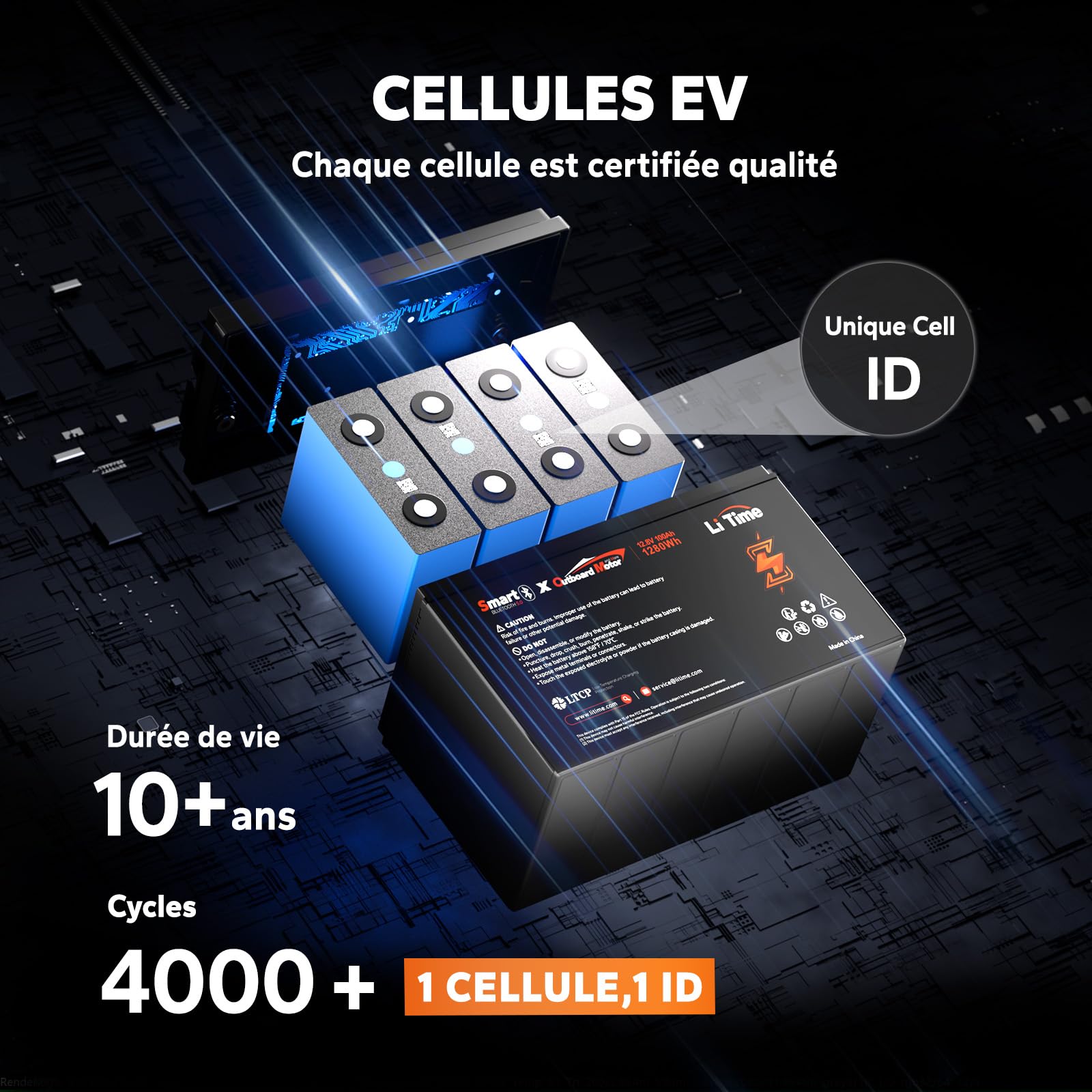 LiTime Batterie Lithium 12V 100Ah Bluetooth pour Moteur Electrique Bateau | LiFePO4, 100A BMS, Max. 15000 Cycles, Énergie 1280Wh, IP65, Protection Anti-froid, Max 4P4S, pour Bateaux, Yachts, Pêche