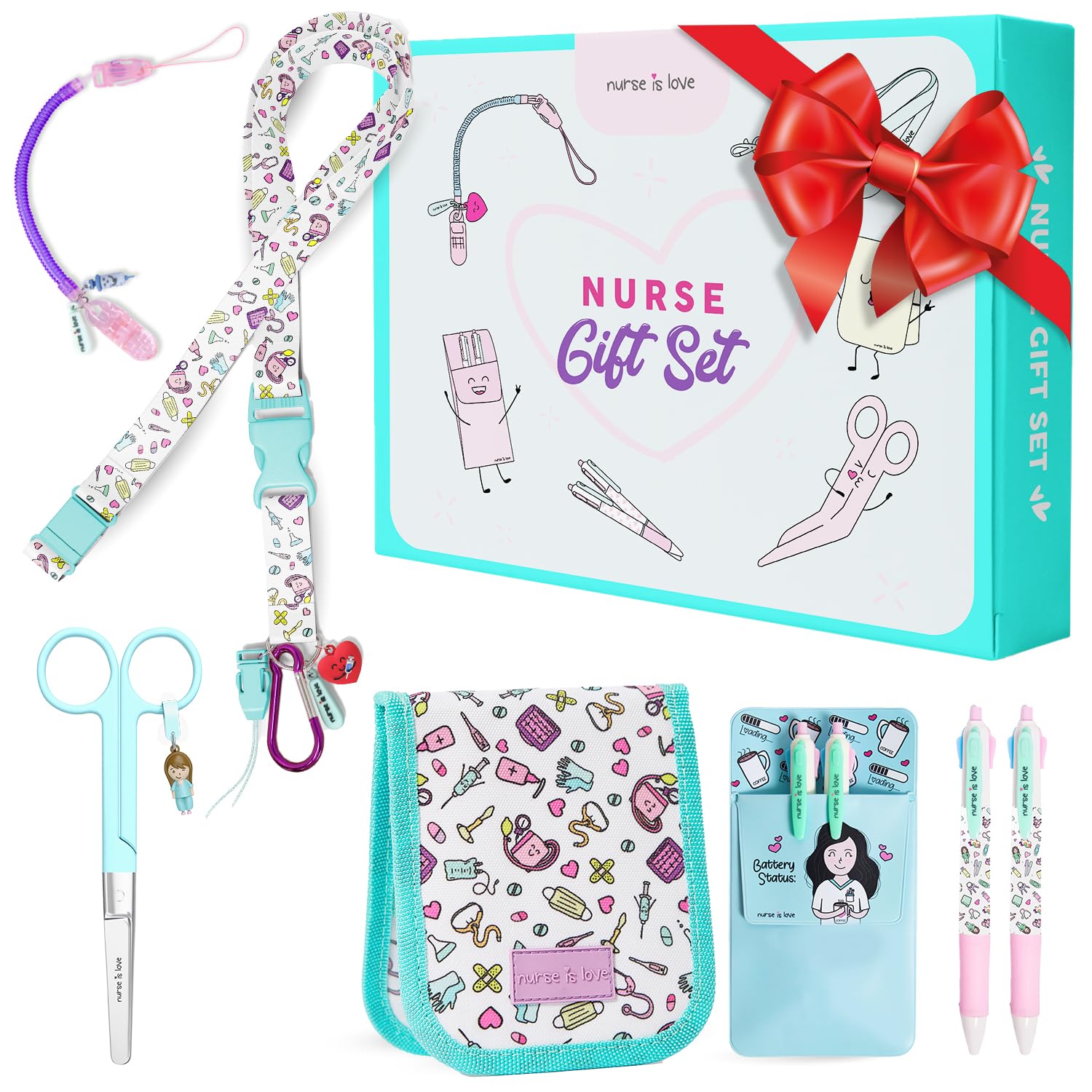 Nurse is Love Cadeau Infirmiere Set De 5 Pcs. | Tour De Cou Badge - Porte-Badge + Ciseaux + 2 Pochette Infirmiere avec 2 Stylo Personnalisé Multi-Encre + Porte-Ciseaux | Infirmiere Accessoires & AS