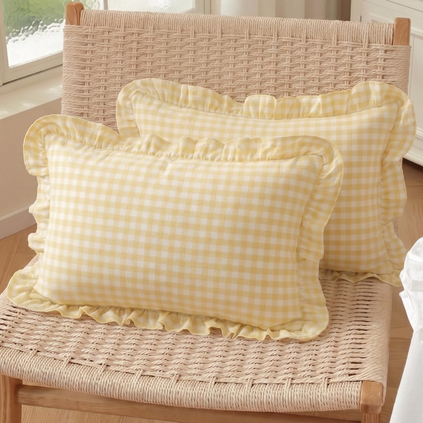 HOSTECCO Pack of 2 Yellow and White Ruffled Lumbar Cushion Covers 30x50 cm, Gingham Plaid Frill Trim Throw Cushions, Rustic Country Decor for Living Room โ image 1