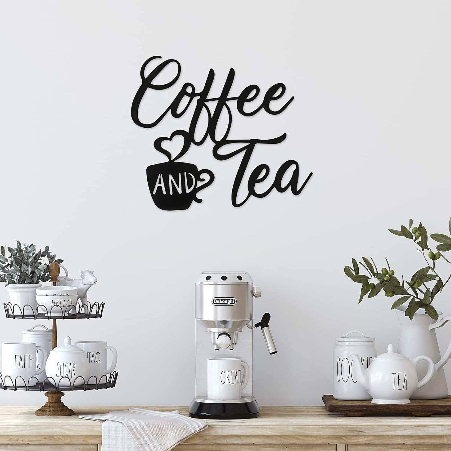 Ferraycle Coffee Bar Decor, 12 x 10.2 Inch Sign for Wall Metal Rustic Hanging Wall Art Vintage Black Cup Letter Sign for Cafe Home Office Kitchen(Coffee and Tea)