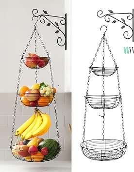 FANGSUN 3-Tier Hanging Fruit Basket for Kitchen Counter with Banana Hook, 36-Inch Heavy-Duty Wire Fruit Baskets for Kitchen Organizing Potato & Vegetable, Black