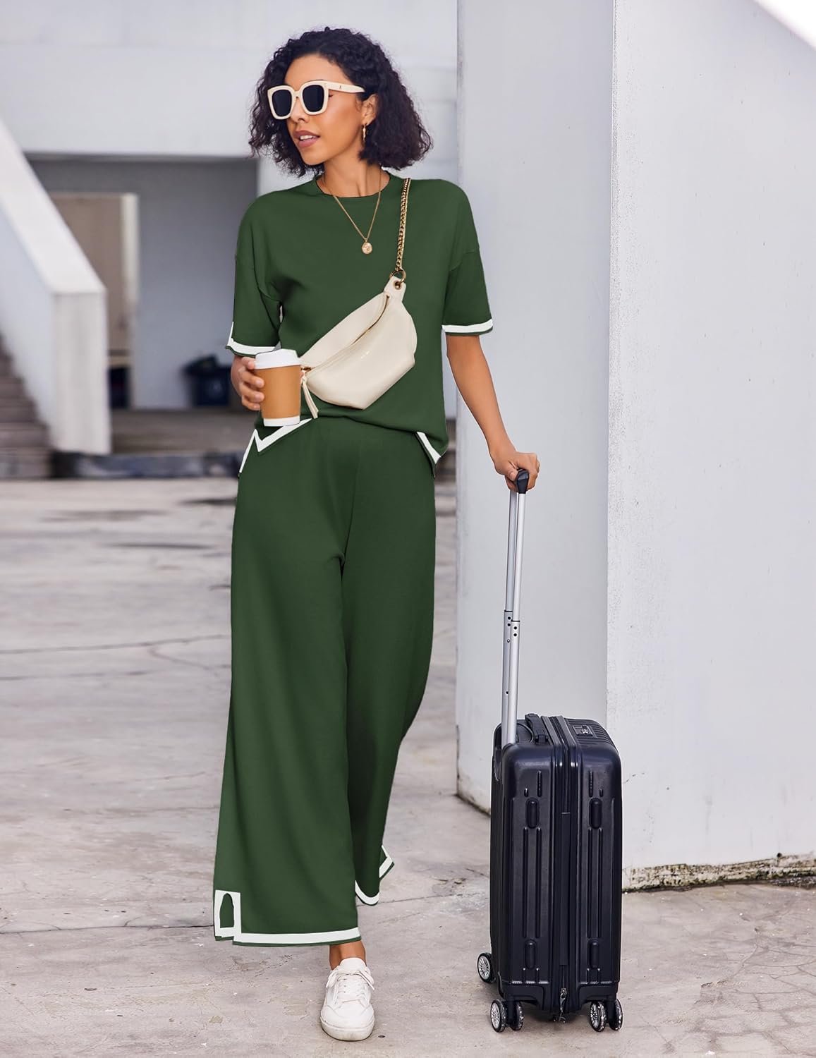 Ekouaer Lounge Set for Women Travel Outfits 2 Piece Sets Short Sleeve Sweater Top Wide Leg Long Pants Loungewear - Image 6