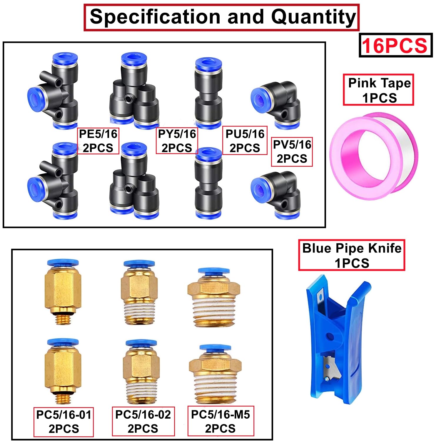 Manguera neumática HUAZIZ azul de 10 m de PU, manguera neumática de poliuretano de 5/16 pulgadas, diámetro exterior de 8 mm con 14 conectores neumáticos + 1 cortador de manguera