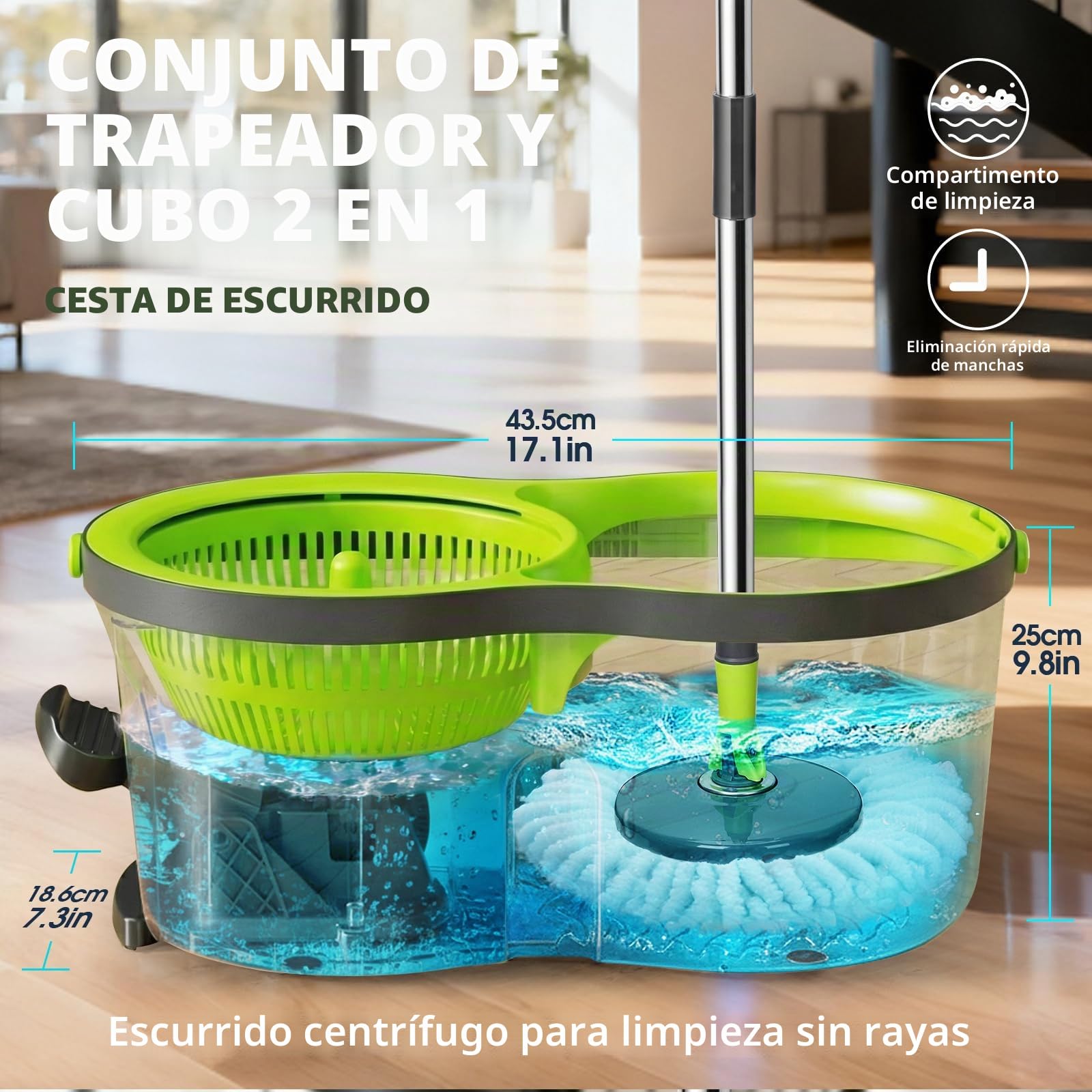 Masthome Juego de Fregona y Cubo,Sistema de Cubo de Fregona Giratoria,con 3 Almohadillas de fregona,2 en 1 Fregonas y Cubos Escurrefacil con Pedal,Adecuado para el hogar o la Oficina