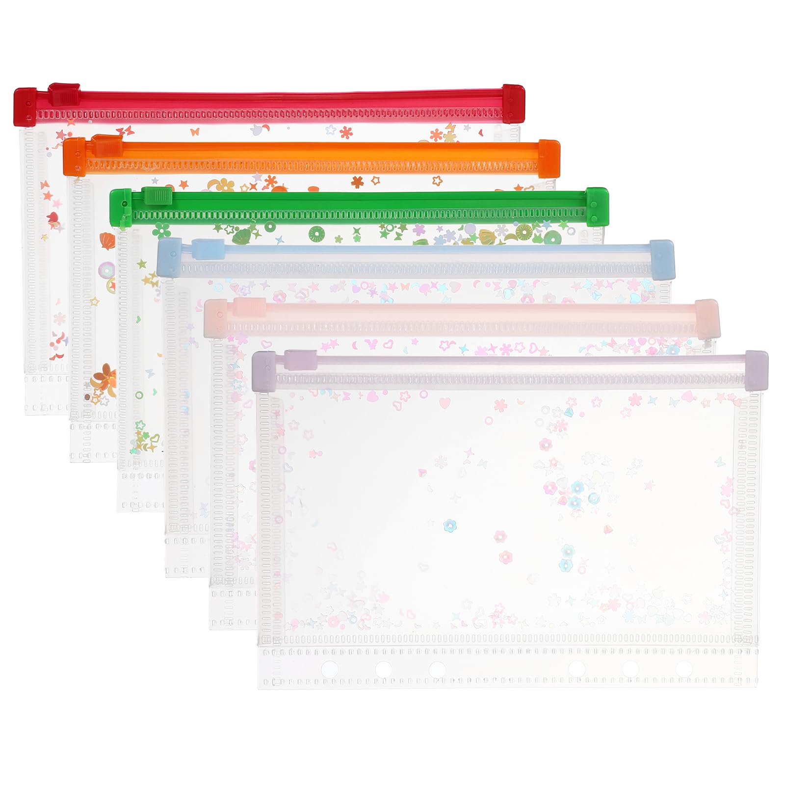 PATIKIL 6Pcs A6 Plastic Binder Zipper, Binder Pockets 7 x 5 Clear Envelope Folders Planner Waterproof Pouch Filing with Sequin Decor for Document Notebook Card Organizer, 6 Colors