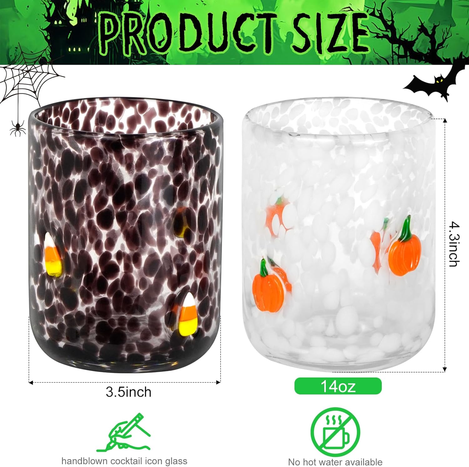 2 Pcs Halloween Icon Juice Glasses, 14oz Icon Stemless Drinking Glasses Set, Ideal for Gift & Halloween Party Drinkware (Pumpkin & Candy Corn) - Image 2