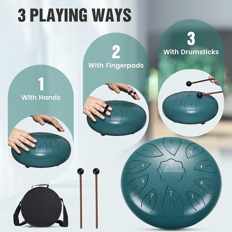 Asmuse Tongue Drum 10" - 11 Hangú C-Dúr Acél Handpan Dob Meditációhoz, Jógához - Pávatollkék Színben, Utazótáskával