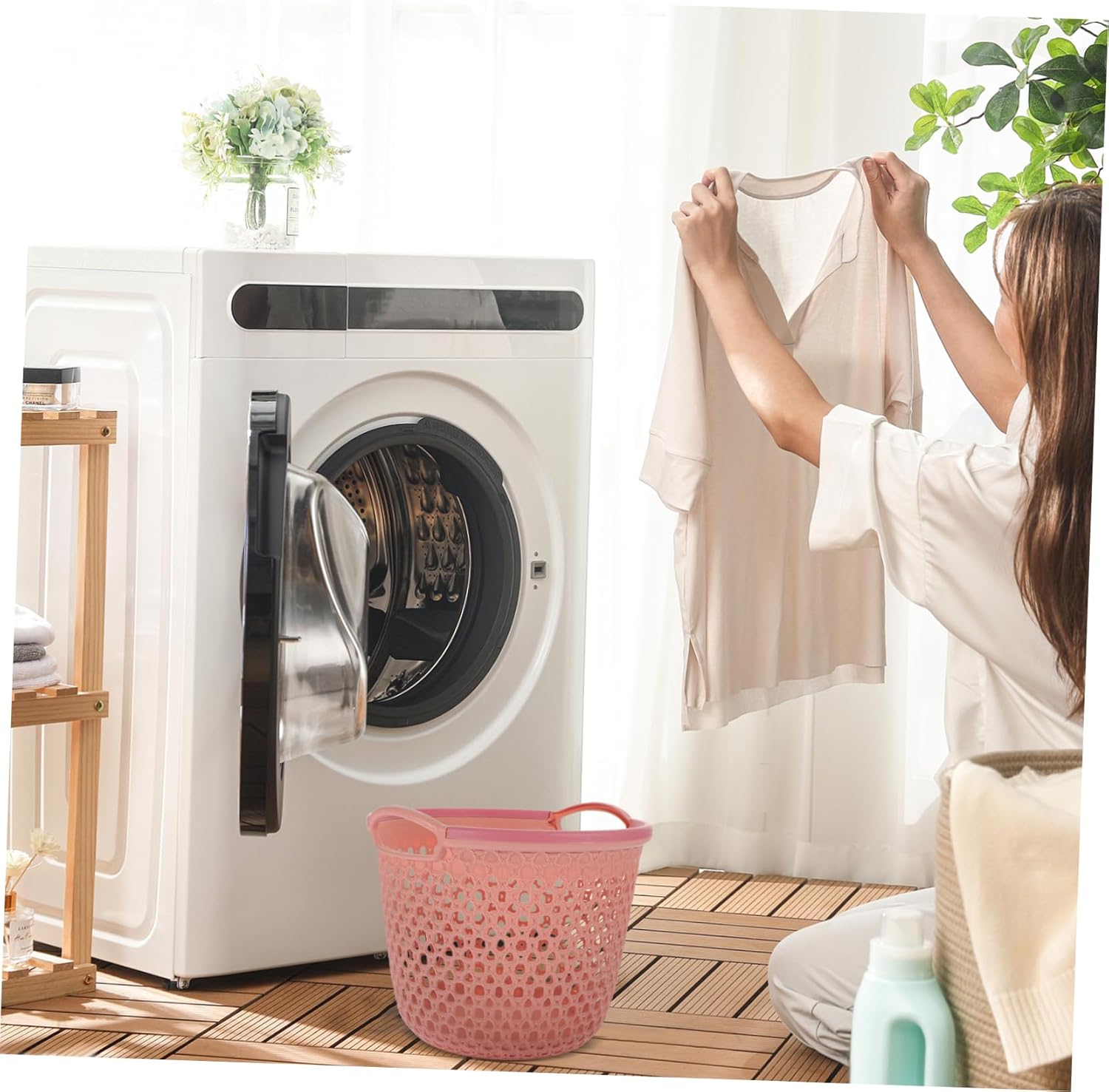 Portable Laundry Hamper with Handle Medium Hollow Out Clothes Basket for Dirty Clothes Storage Capacity and Breathable Organizer for Bedroom and Bathroom Light Pink