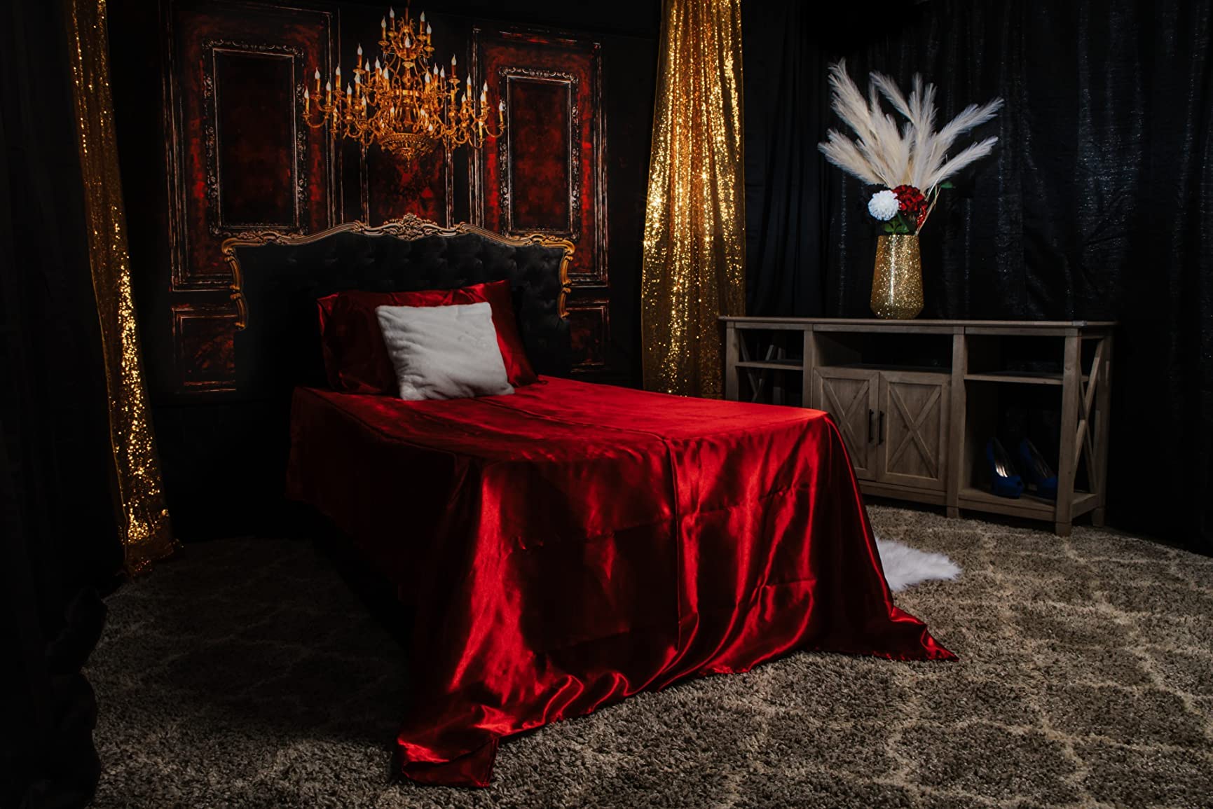 Kate Classic Interior Boudoir Photography Backdrops 7x5ft Red Vintage Wall And Chandelier Decoration And Black Headboard Backdrop Background Photocall