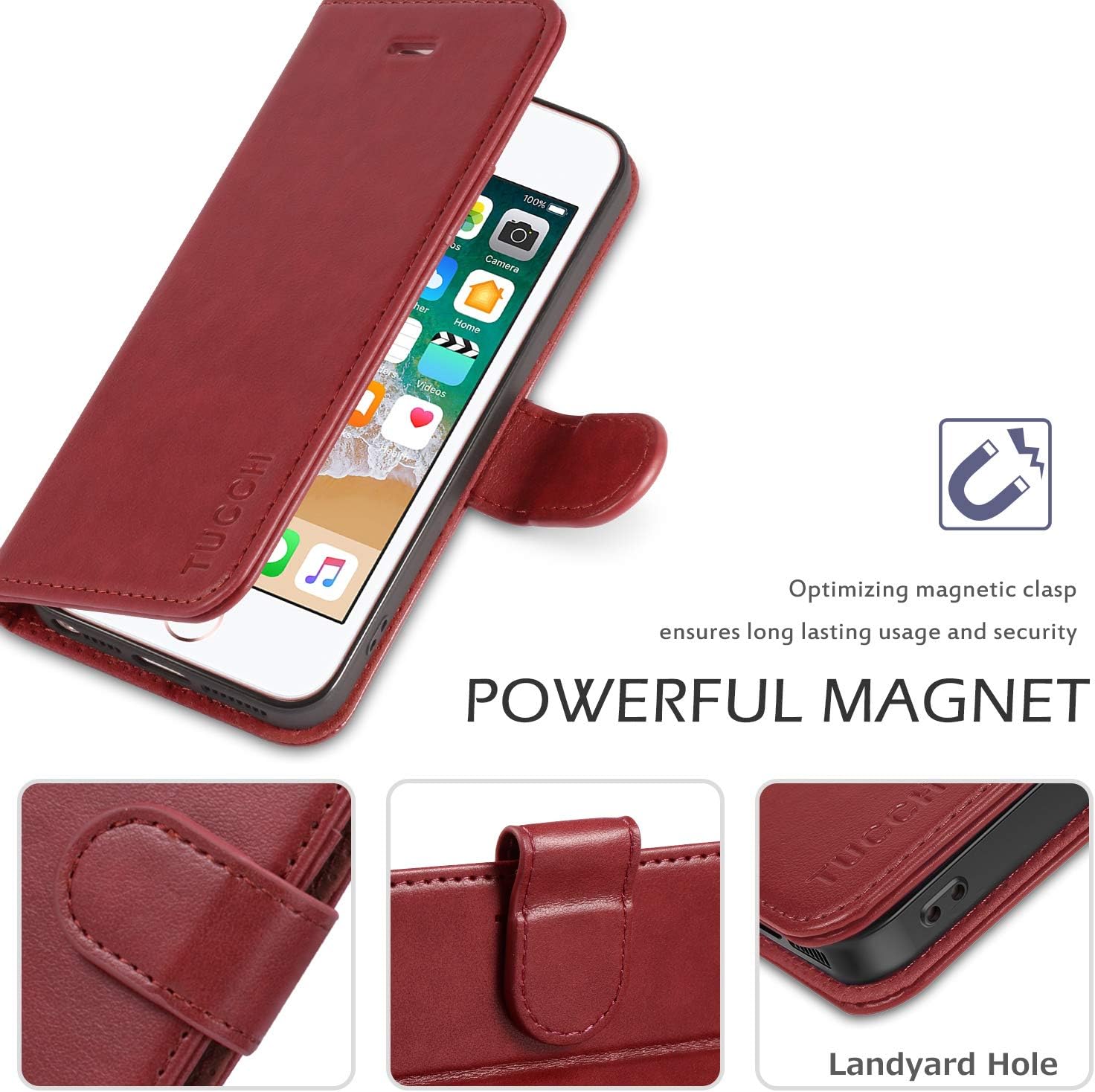 TUCCH iPhone SE (2016 Edition) Wallet Case, iPhone 5s 5 Case, Premium PU Leather Magnetic Closure Flip Card Slots Stand [TPU Shockproof Interior Protect Case] Compatible with iPhone SE/5s/5, Dark Red