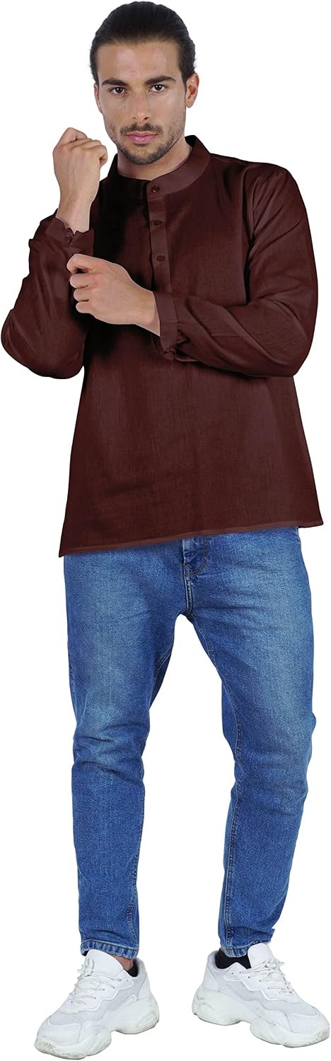 Atasi Indian Mens Short Kurta Henley Shirt Long Sleeve Mandarin Collar Shirt