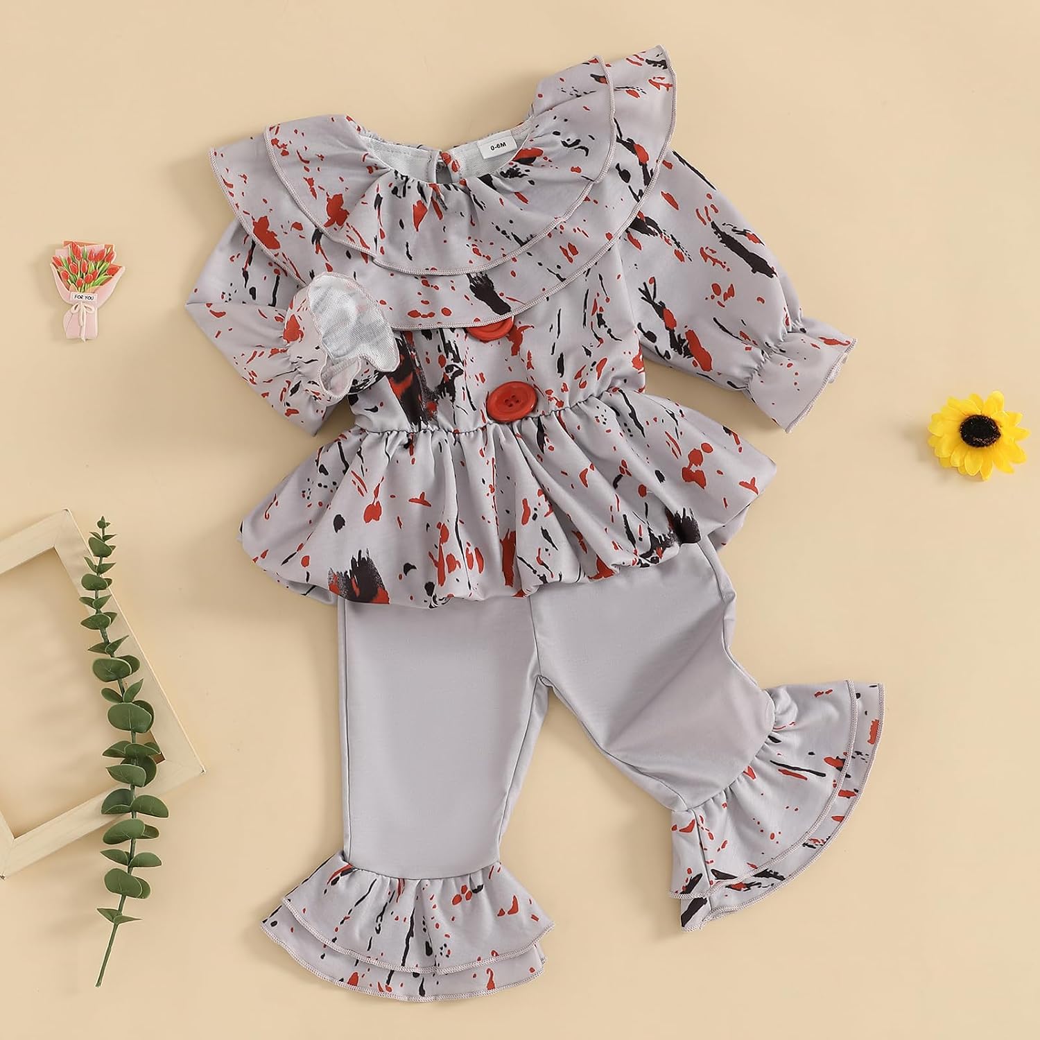 Sujhwsx Baby Clown Costume Bloody Long Sleeve Ruffled T-shirt with Flare Pants Halloween Cosplay Outfit Fancy Dress