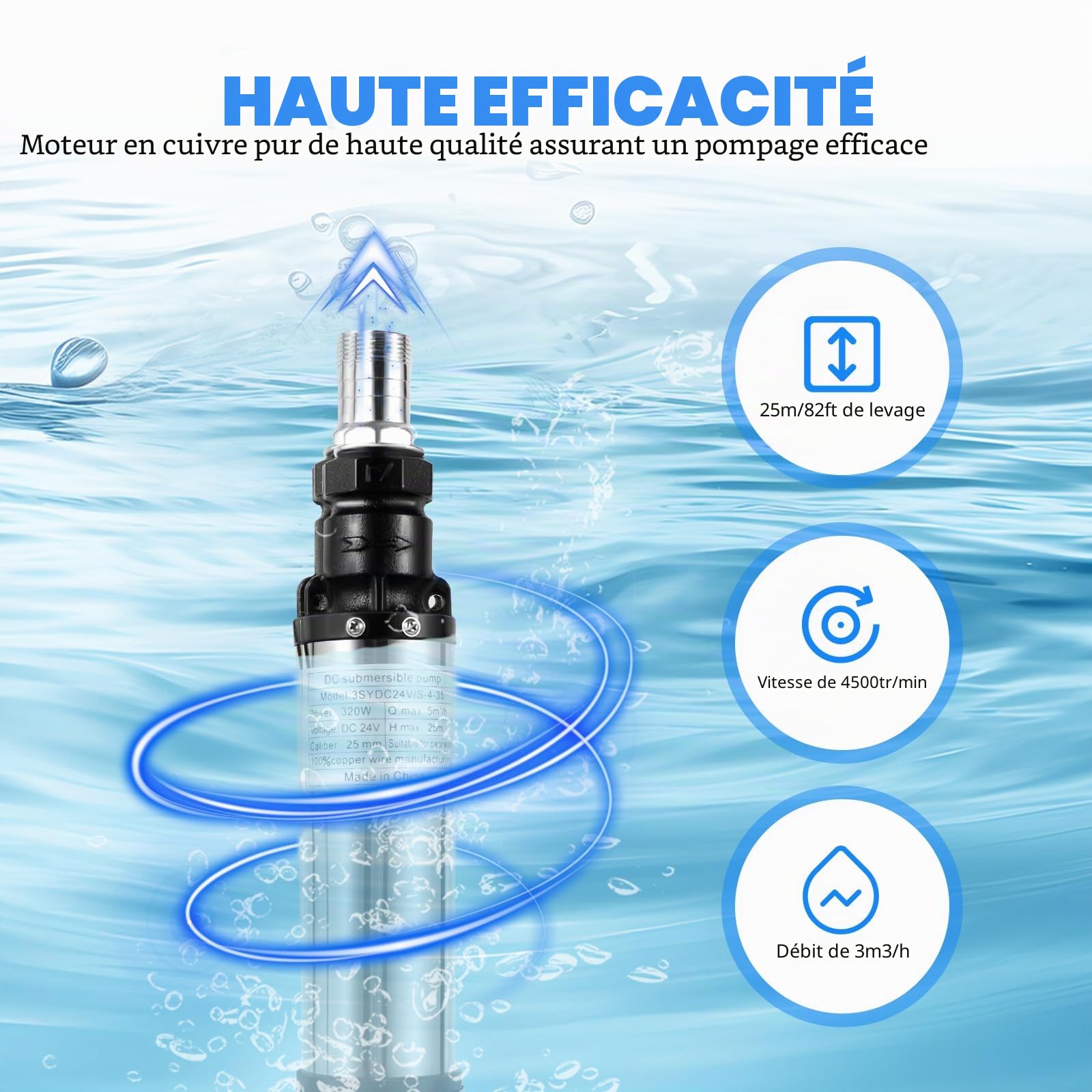 Pompe Immergée Puits 24V 320W, Pompe de Relevage Inox 3000L/h, Hauteur 25m, Câble 16m, Moteur Cuivre Pur 4500tr/min, Pompe à Eau Submersible pour Jardin, Irrigation, Bassin et Agriculture