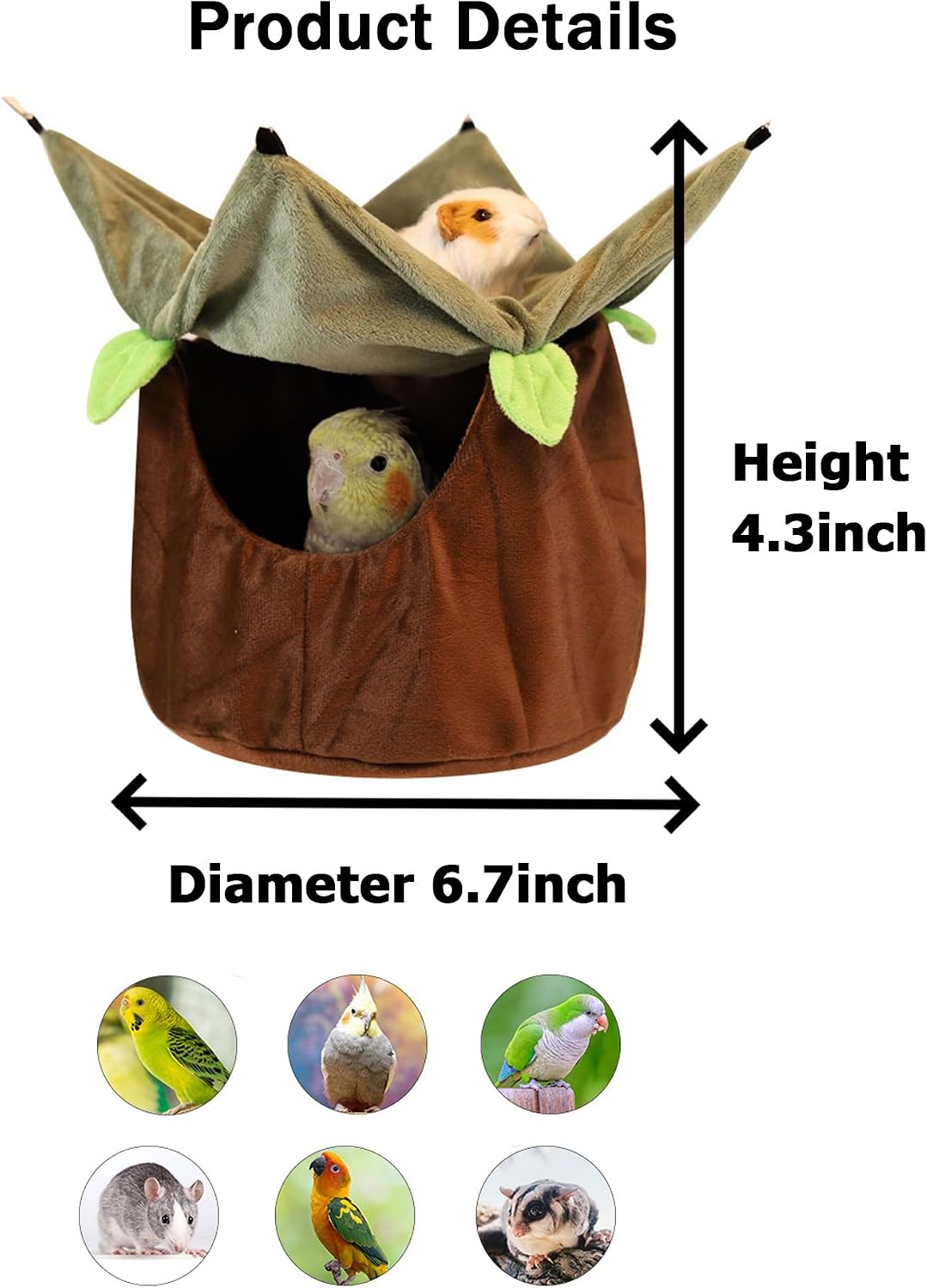 FLAdorepet 2 Layers Bird Hammock Nest Hanging Bed for Parrot Sugar Glider | Soft Plush Warm Bed;Tree Stump Leaf Outlook;4 Metal Hooks;Two Rest Zones,Warm Windproof Hideout,Fits Parakeets Cockatiels