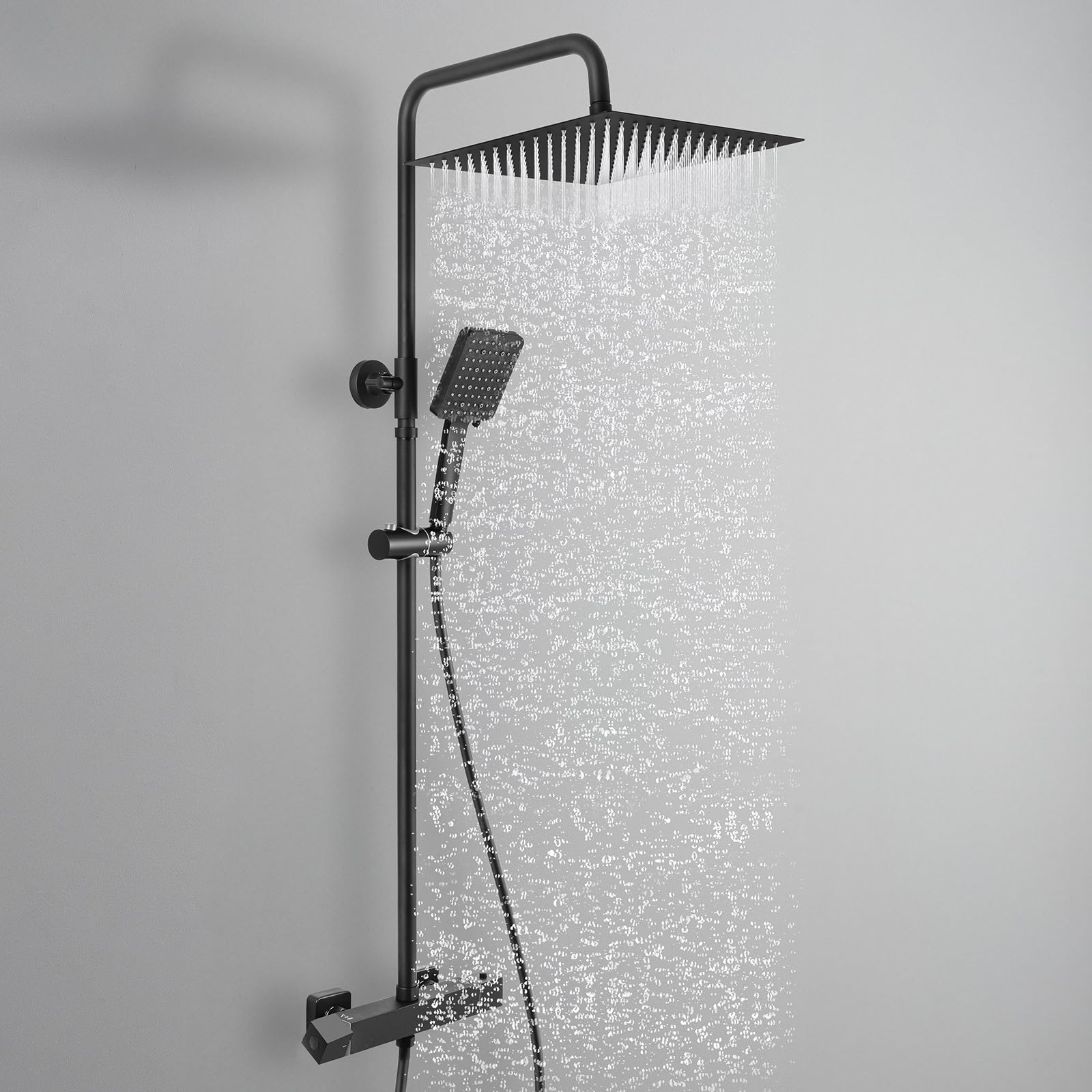 Rainsworth Douchesysteem met thermostaat en glazen plank, zwart, complete set met regendouche van 26 x 26 cm, handdouche met 3 straalsoorten en onderste uitloop, doucheset, regendouche met armatuur