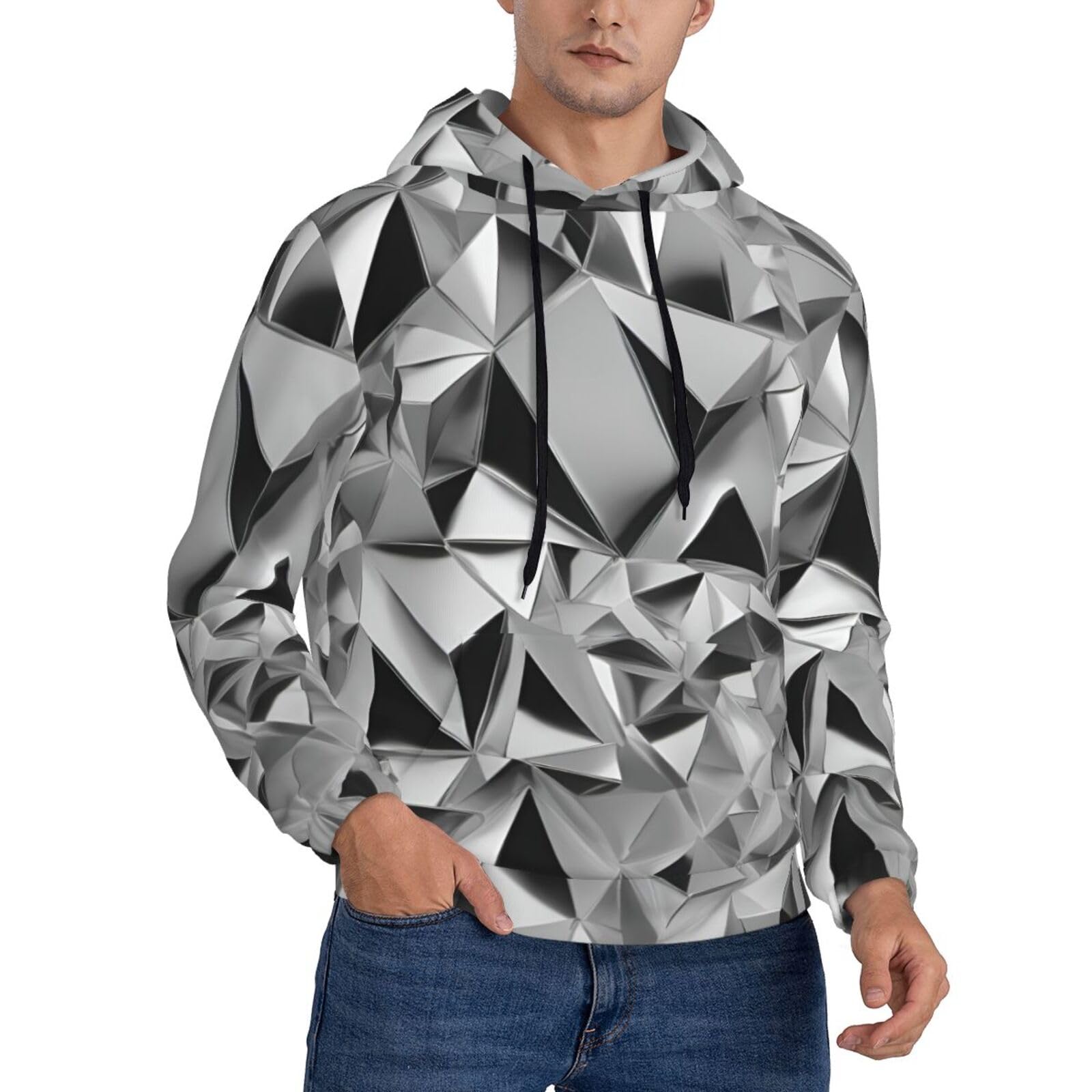 Sweat à capuche noir XXL pour homme avec motif géométrique argenté pour toutes saisons